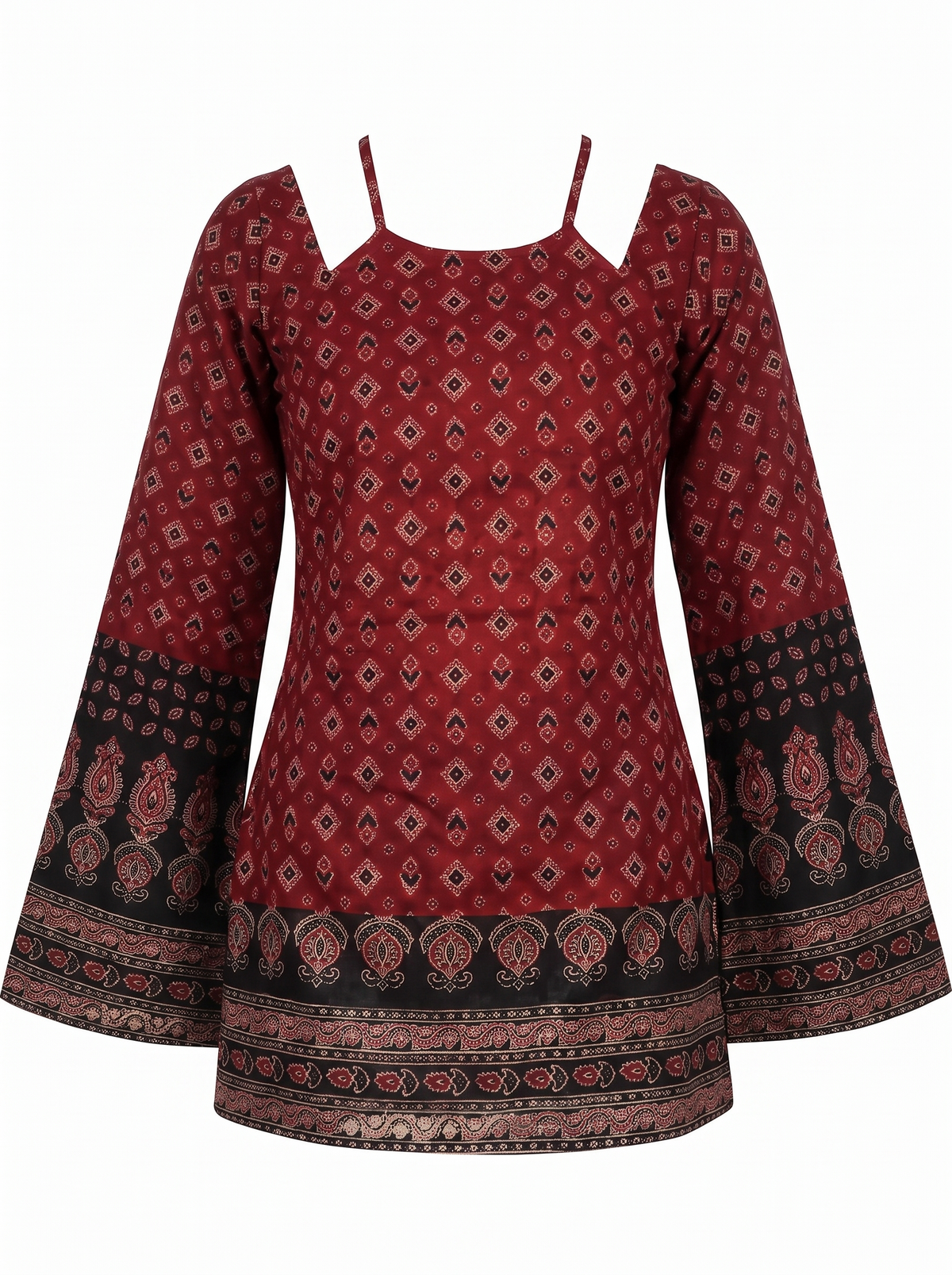 Pure Cotton Ajrakh Print Corset Back Kurti Top with Bell Sleeves
