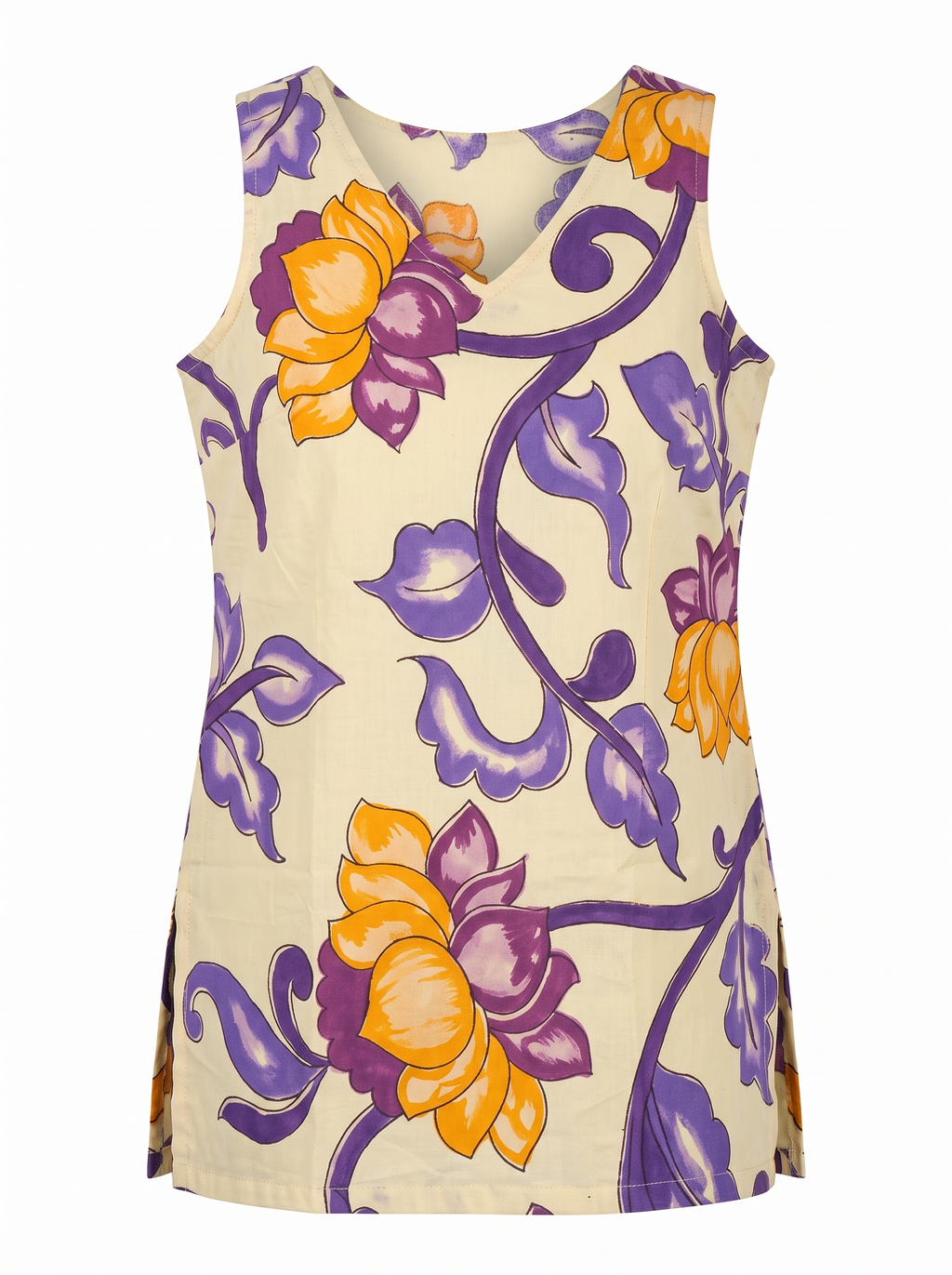Yellow Bold Lotus Printed Sleeveless Side-Slit Short Kurti
