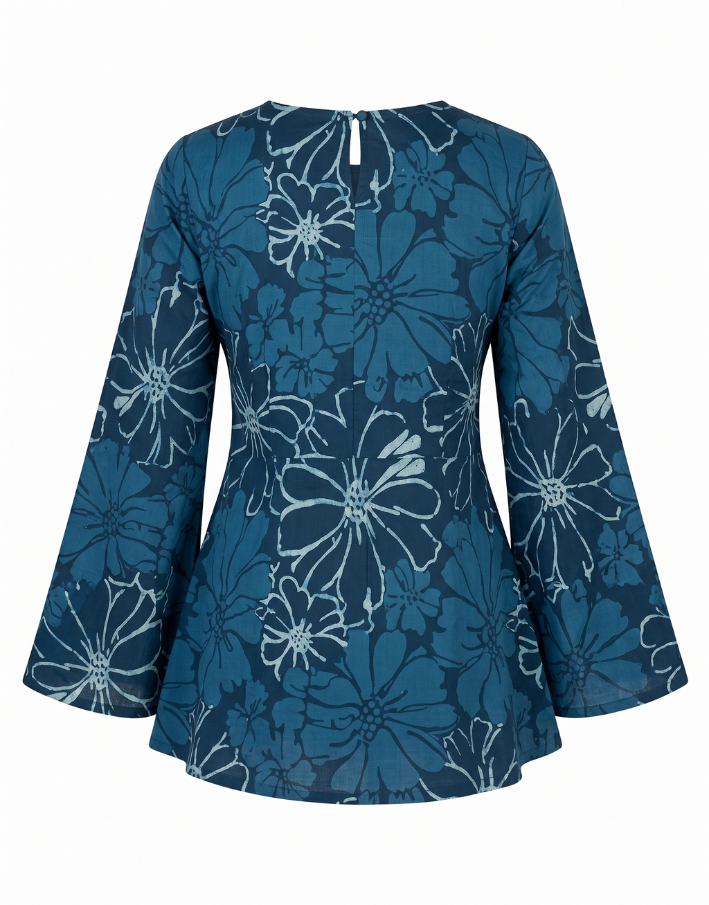 Indigo Blue Floral Printed V-Neck Bell Sleeve Cotton Short Kurti Top