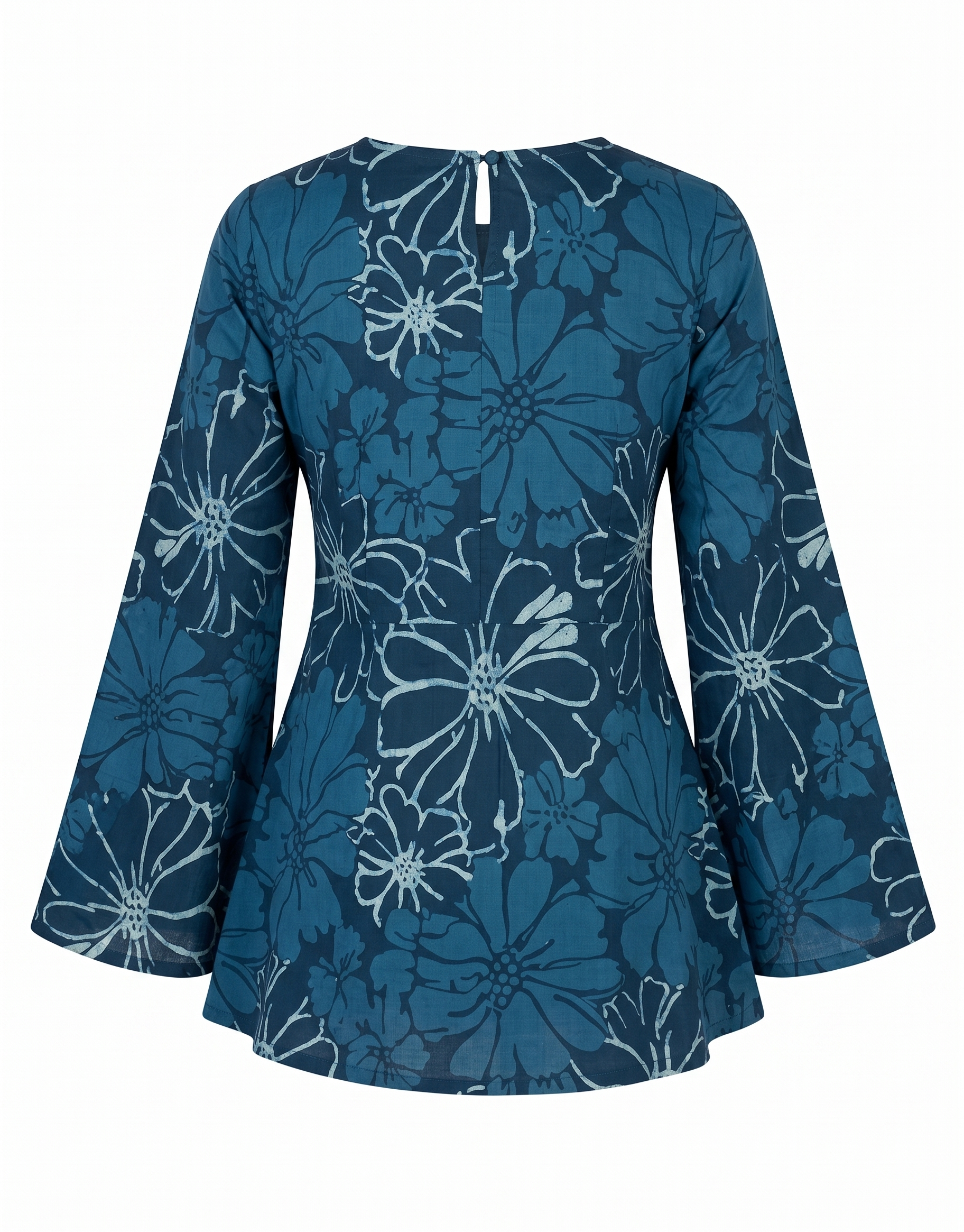 Indigo Blue Floral Printed V-Neck Bell Sleeve Cotton Short Kurti Top