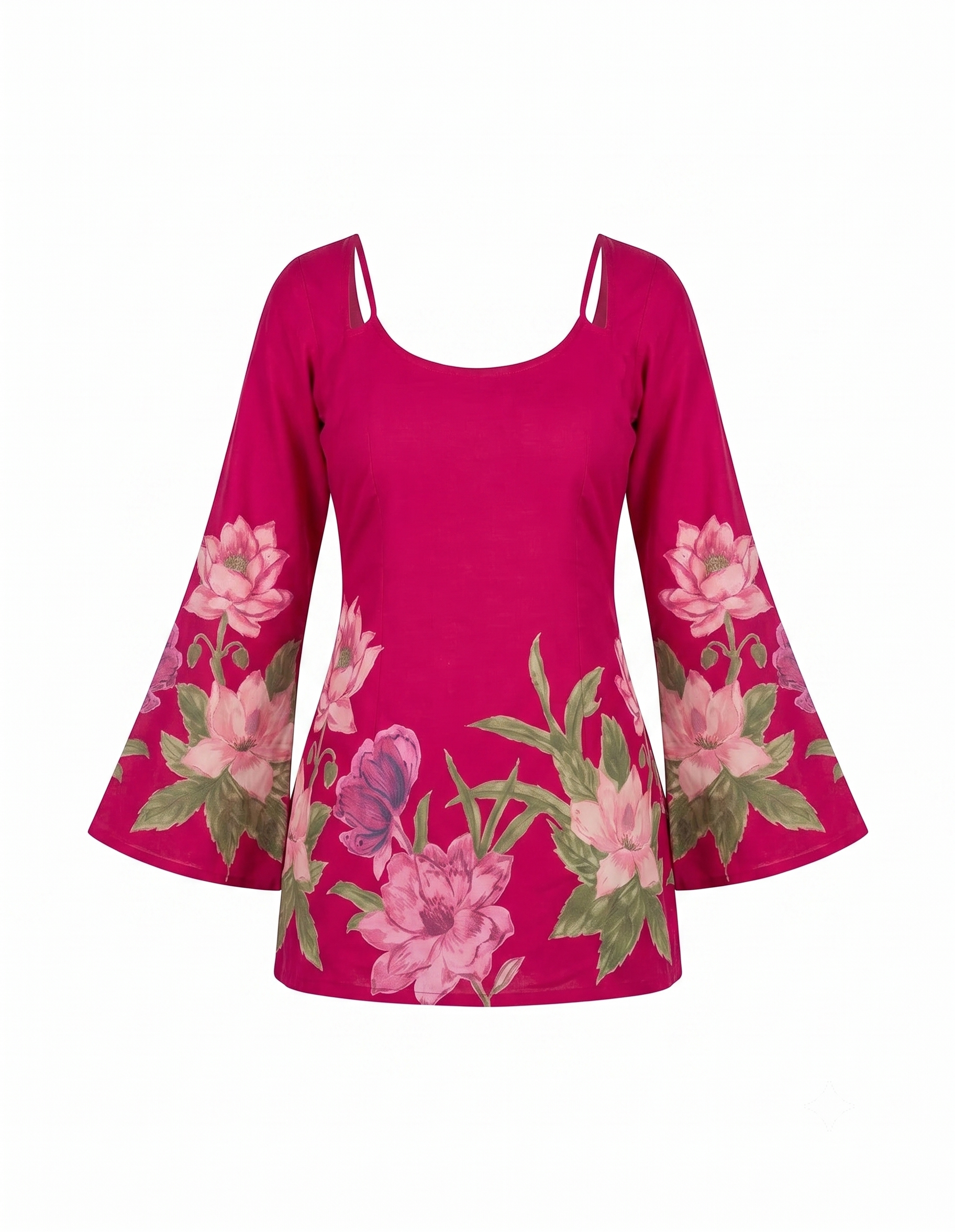 Fuchsia Floral Bell Sleeve Blouse with Lace-Up Corset Back