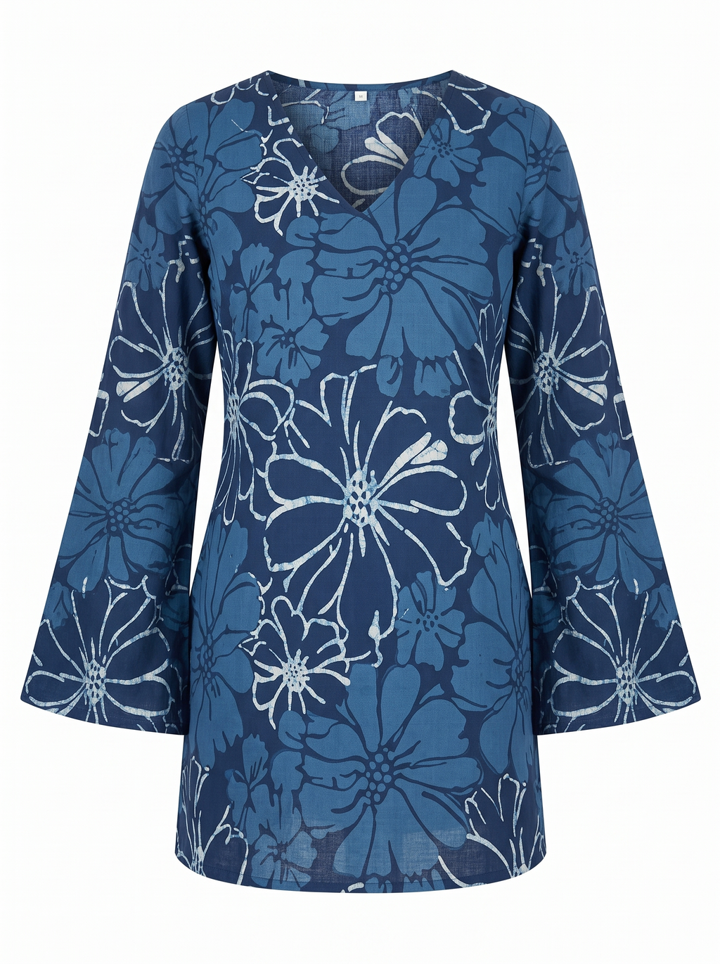 Indigo Blue Floral Printed V-Neck Bell Sleeve Cotton Short Kurti Top