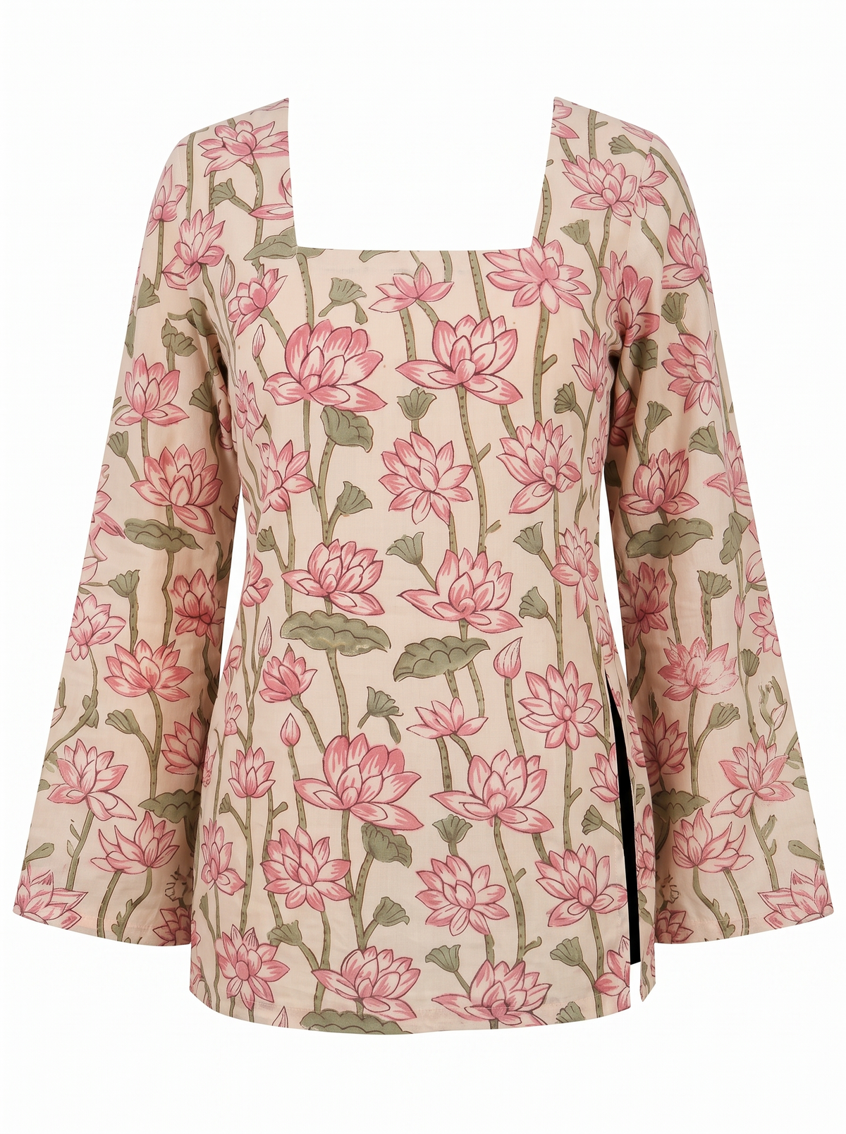Cream & Pink Lotus Block Print Cotton Short Kurti with Square Neck & Flared Sleeves