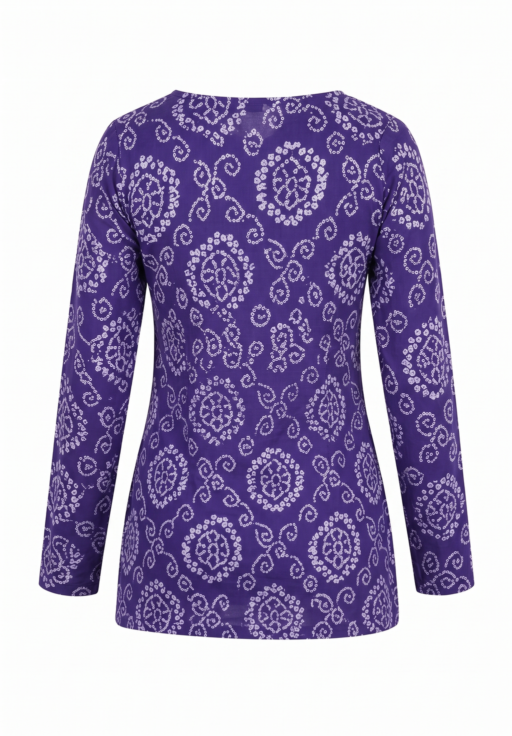 Purple Bandhani Print Cotton Short Kurti with Square Neck & Full Sleeves