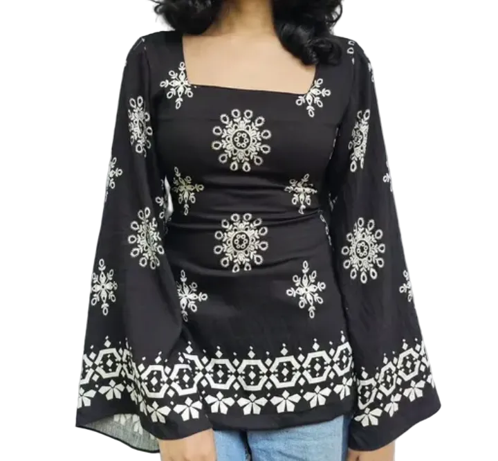 Women's Black & White Mandala Print Short Kurti Top