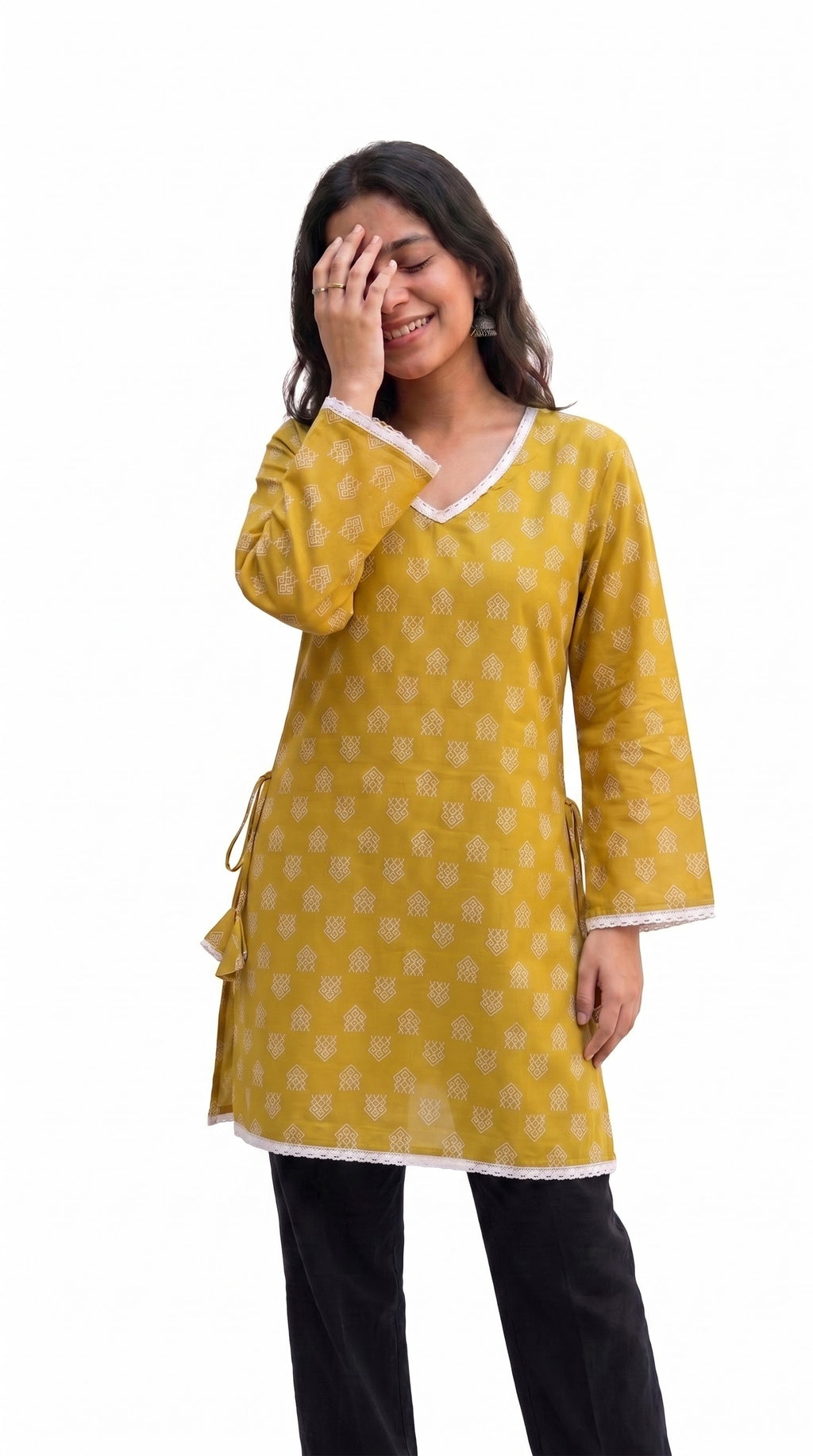 Mustard Yellow Geometric Print V-Neck Tunic with Lace-Up Corset Back