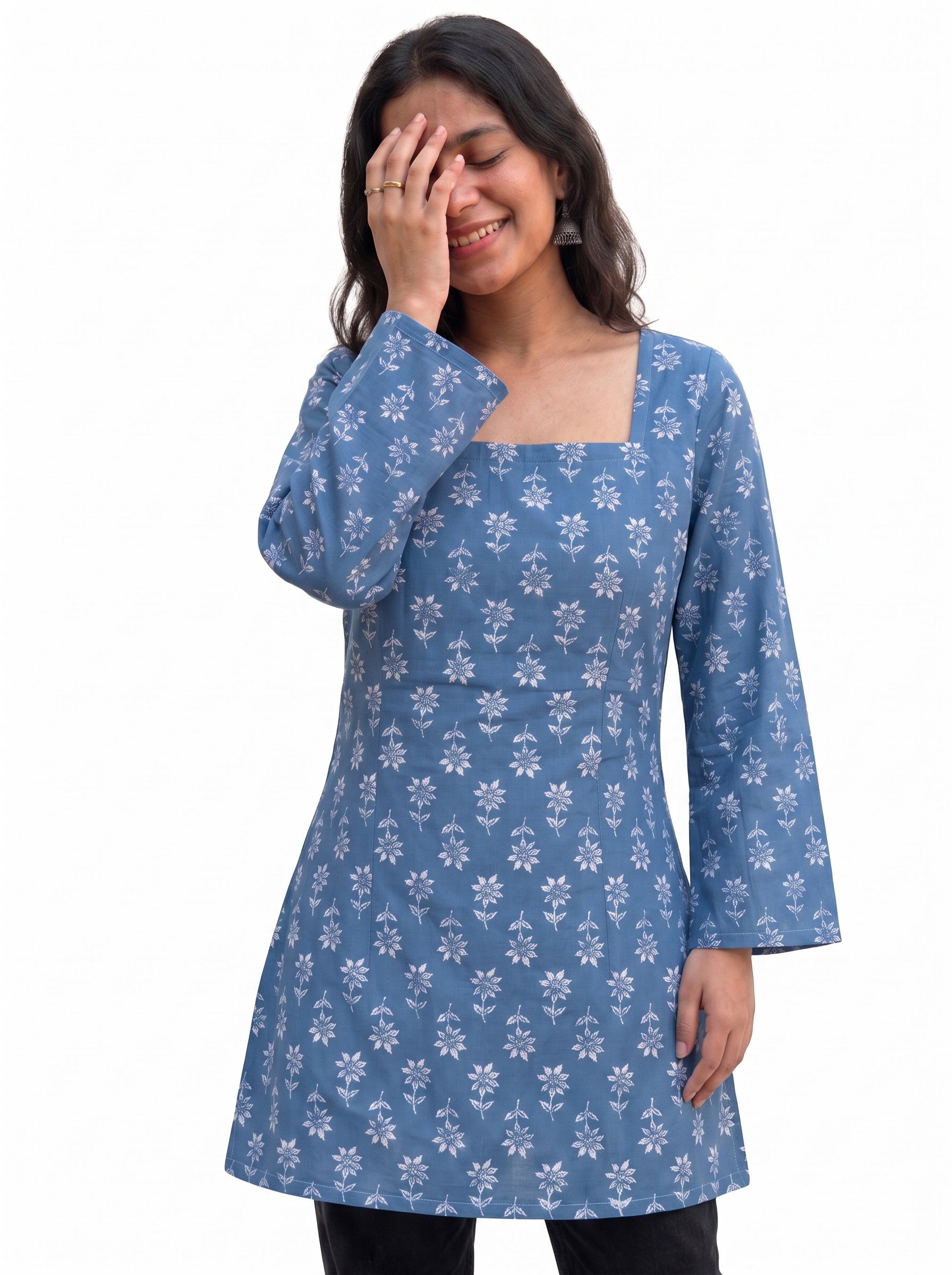 Indigo Blue Floral Print Square Neck Tunic with Lace-Up Corset Back