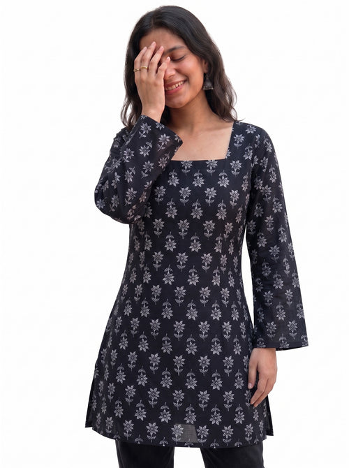 Black Floral Block Print Square Neck Tunic with Lace-Up Corset Back