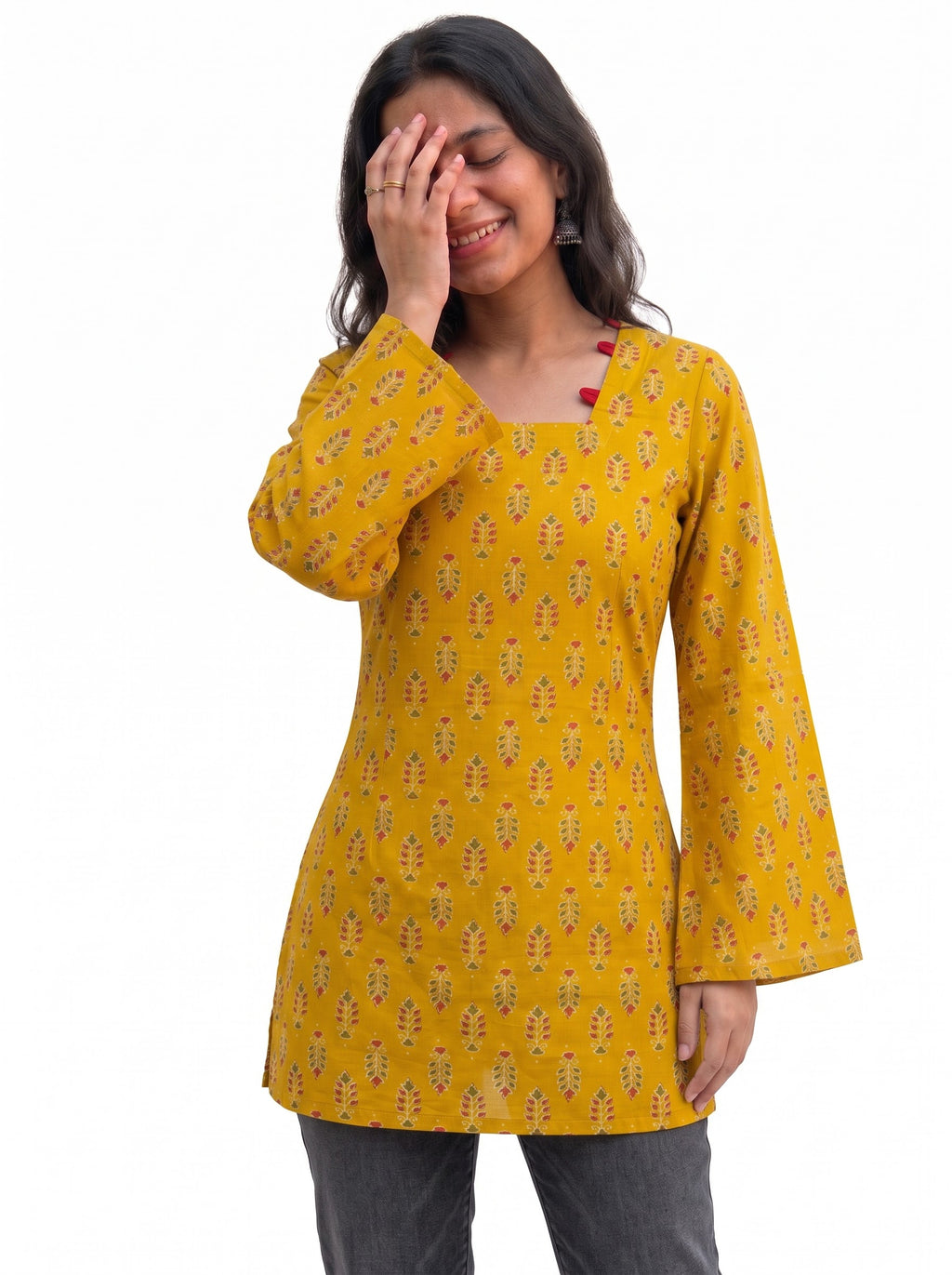 Mustard Yellow Printed Short Kurti with Corset Back Tie & Bell Sleeves