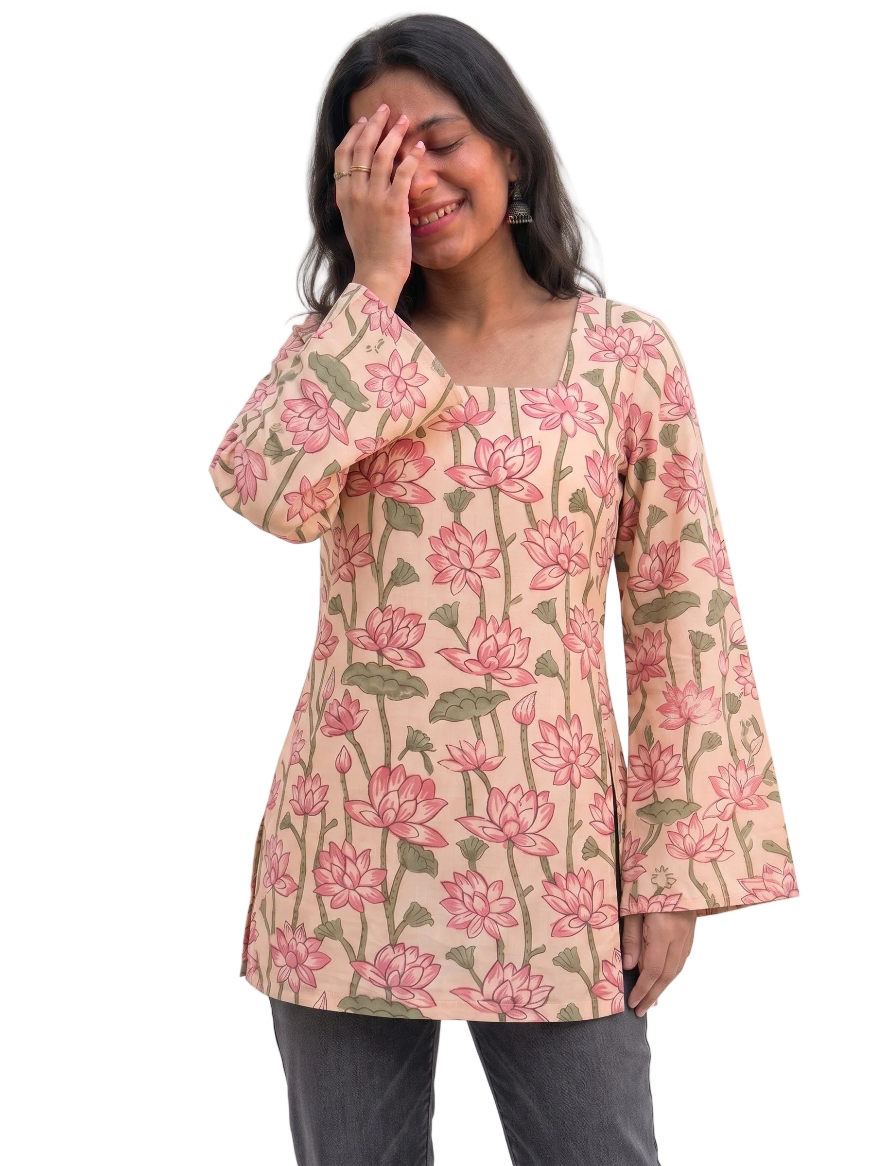 Cream & Pink Lotus Block Print Cotton Short Kurti with Square Neck & Flared Sleeves