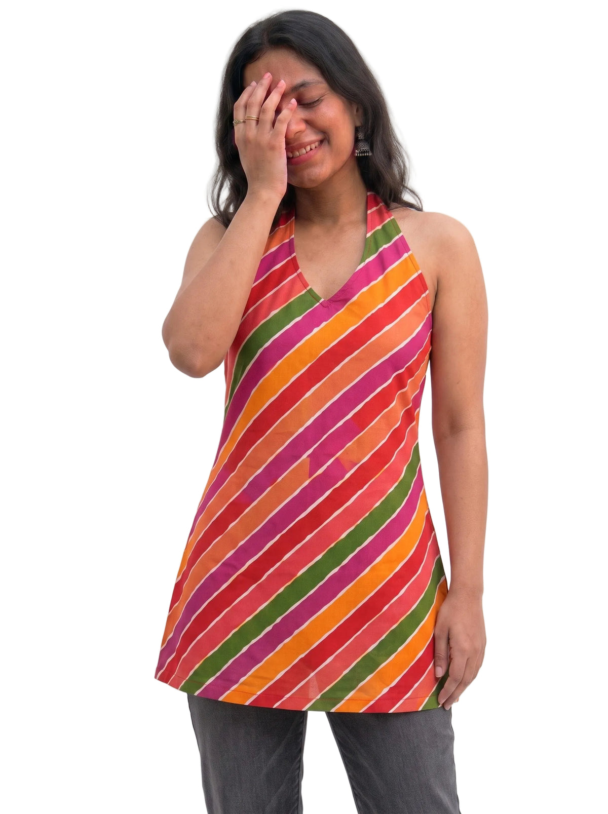 V-Neck Halter Backless Leheriya Short Kurti Top for Women – Indo-Western Ethnic Sleeveless Top