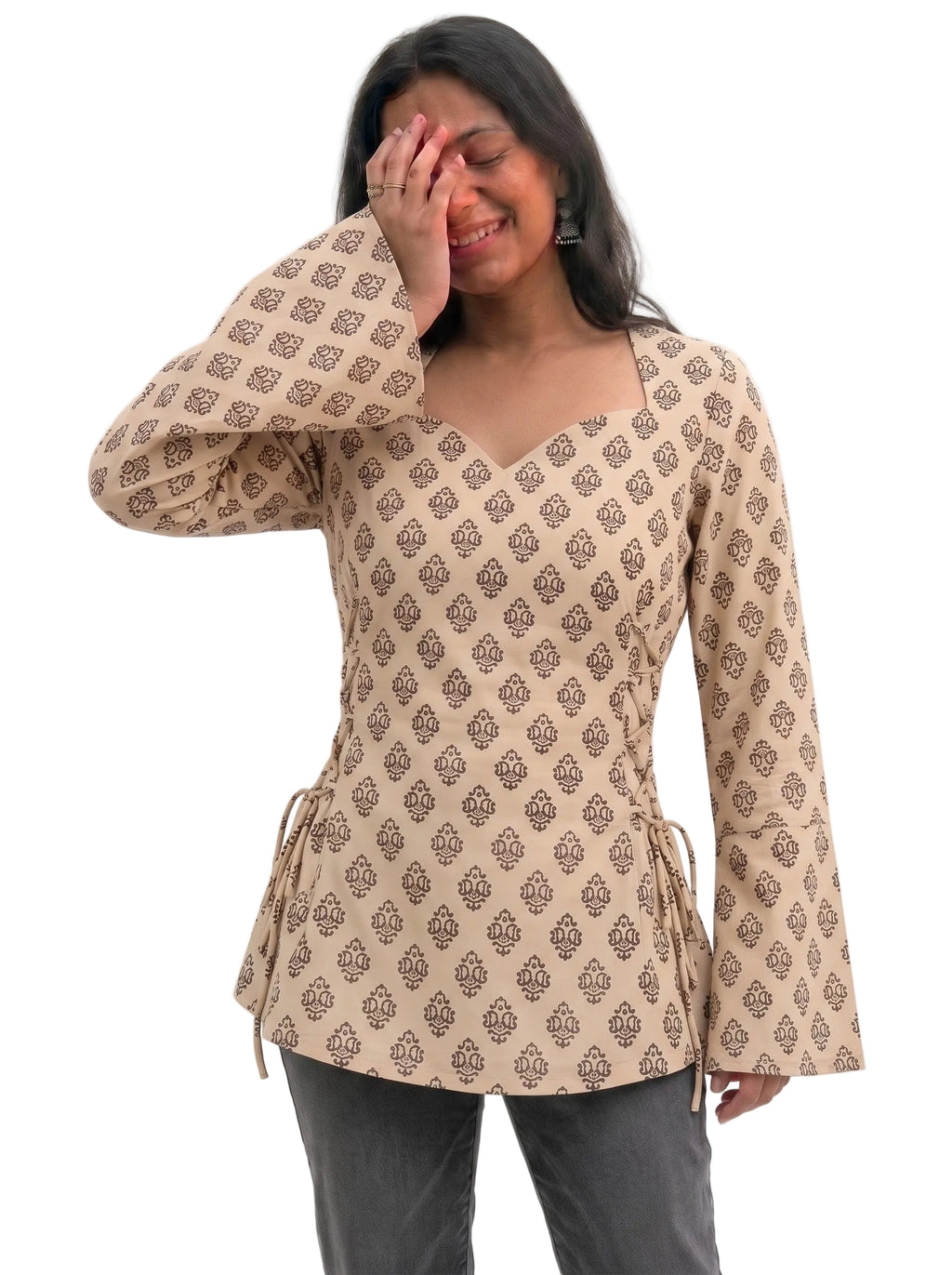 Women's Printed Sweetheart Neck Short Kurti with Side Corset Dori Details