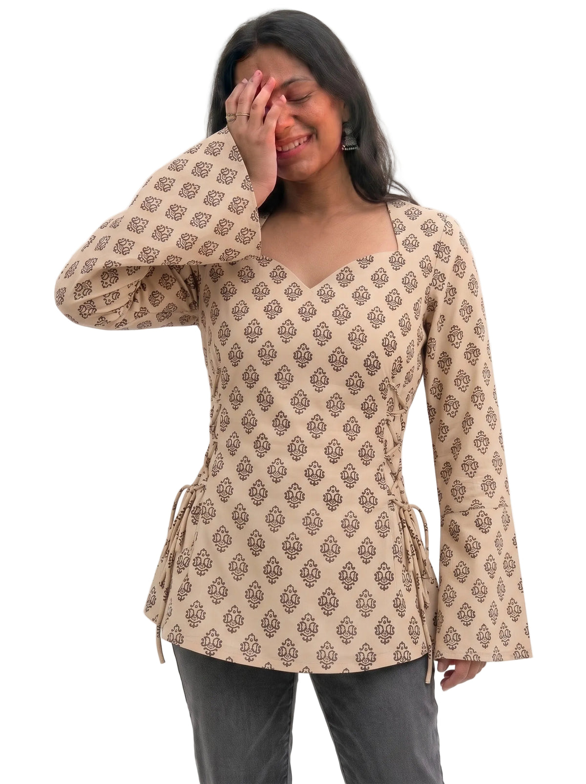 Women's Printed Sweetheart Neck Short Kurti with Side Corset Dori Details