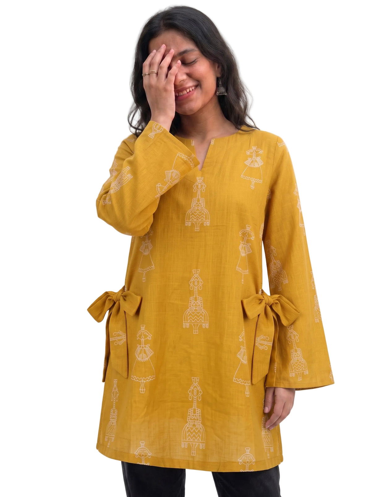Mustard Yellow Printed Cotton Short Kurti with Bell Sleeves & Side Bow Ties