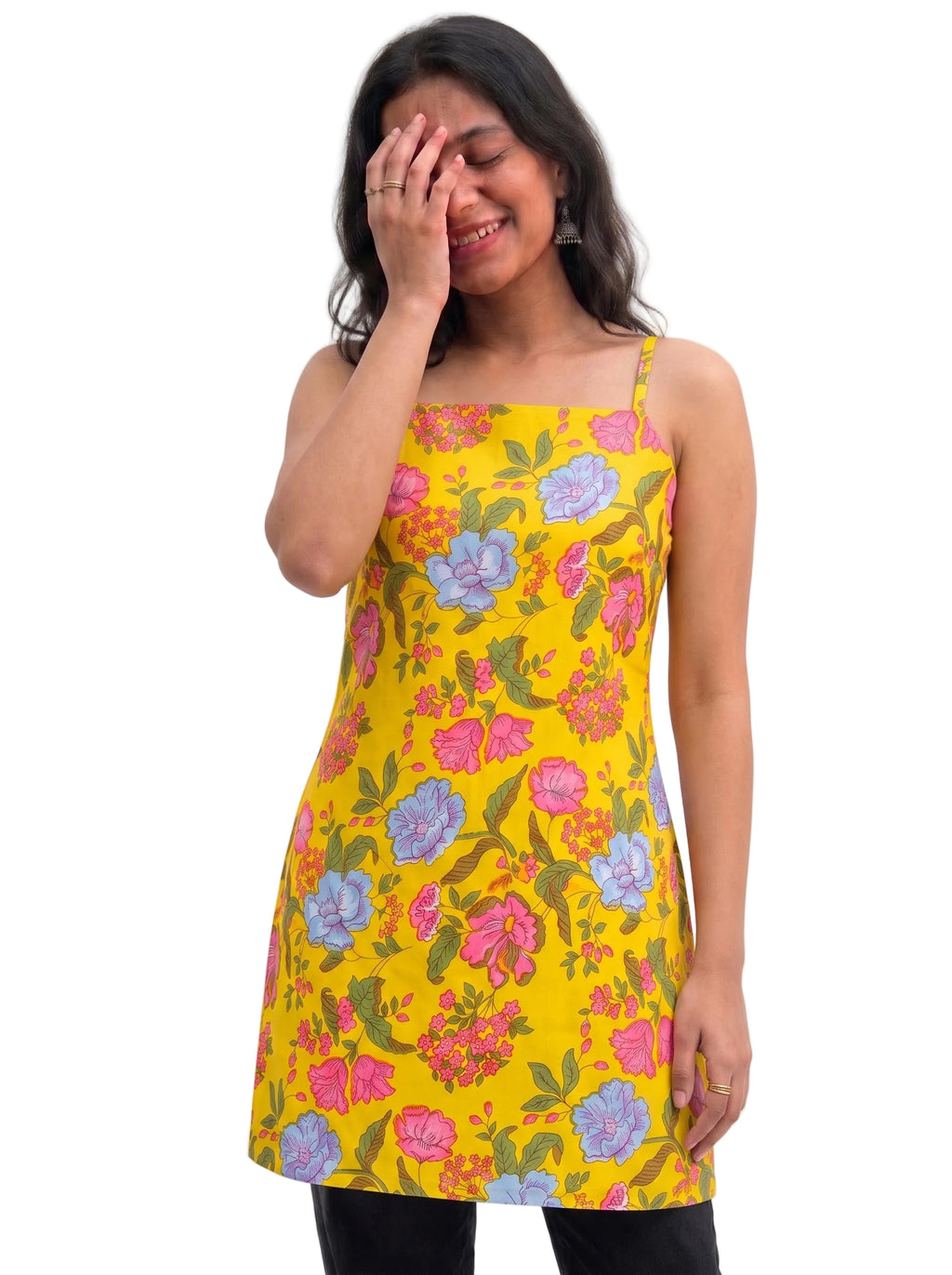 Yellow Floral Spaghetti Strap,padded Short Kurti with Lace-Up Criss-Cross Back