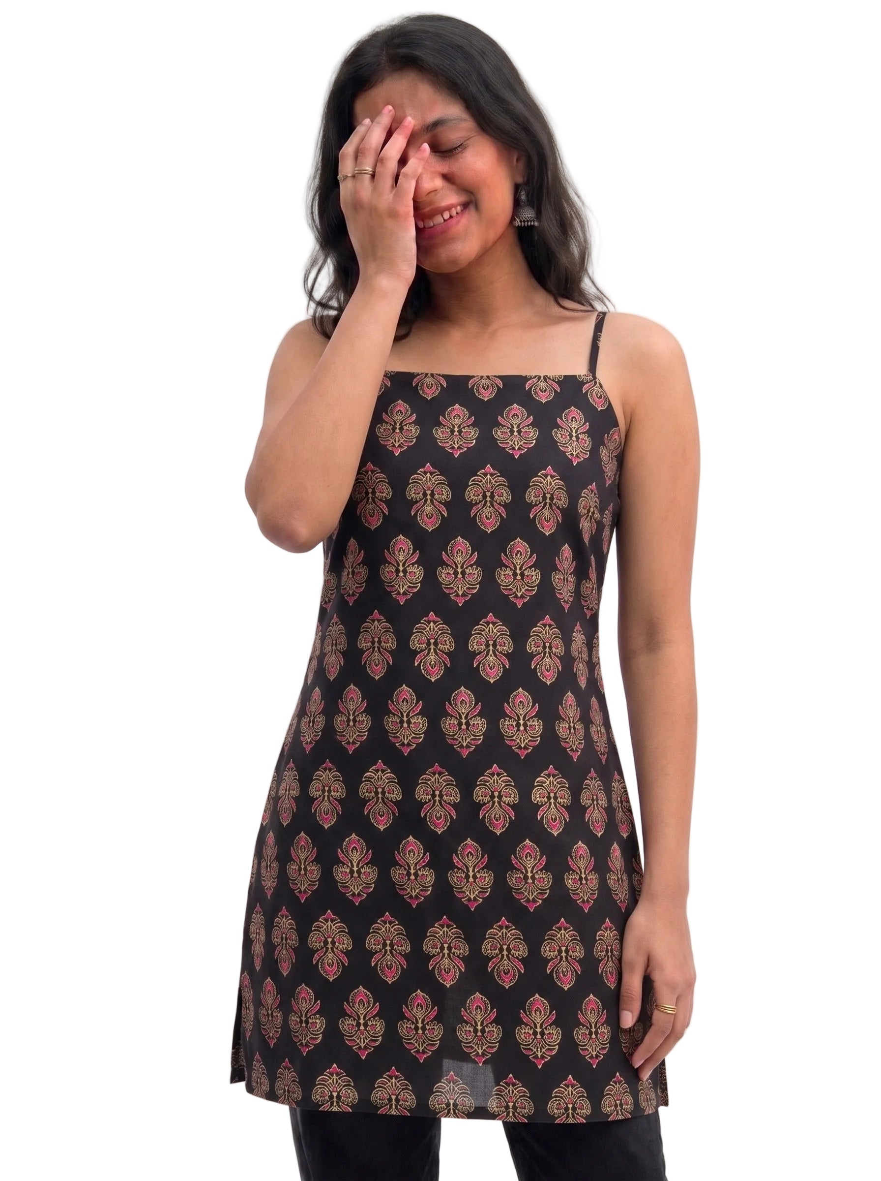 Black Block Printed Spaghetti Strap Short Kurti with Lace-Up Corset Back