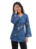 Indigo Blue Floral Printed V-Neck Bell Sleeve Cotton Short Kurti Top