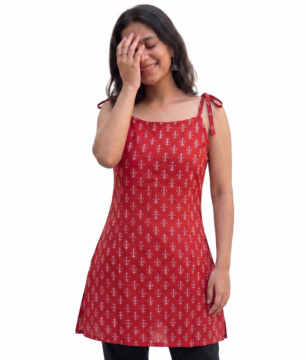 Red Ethnic Printed Strappy Short Kurti with Shoulder Tie-Up Bows