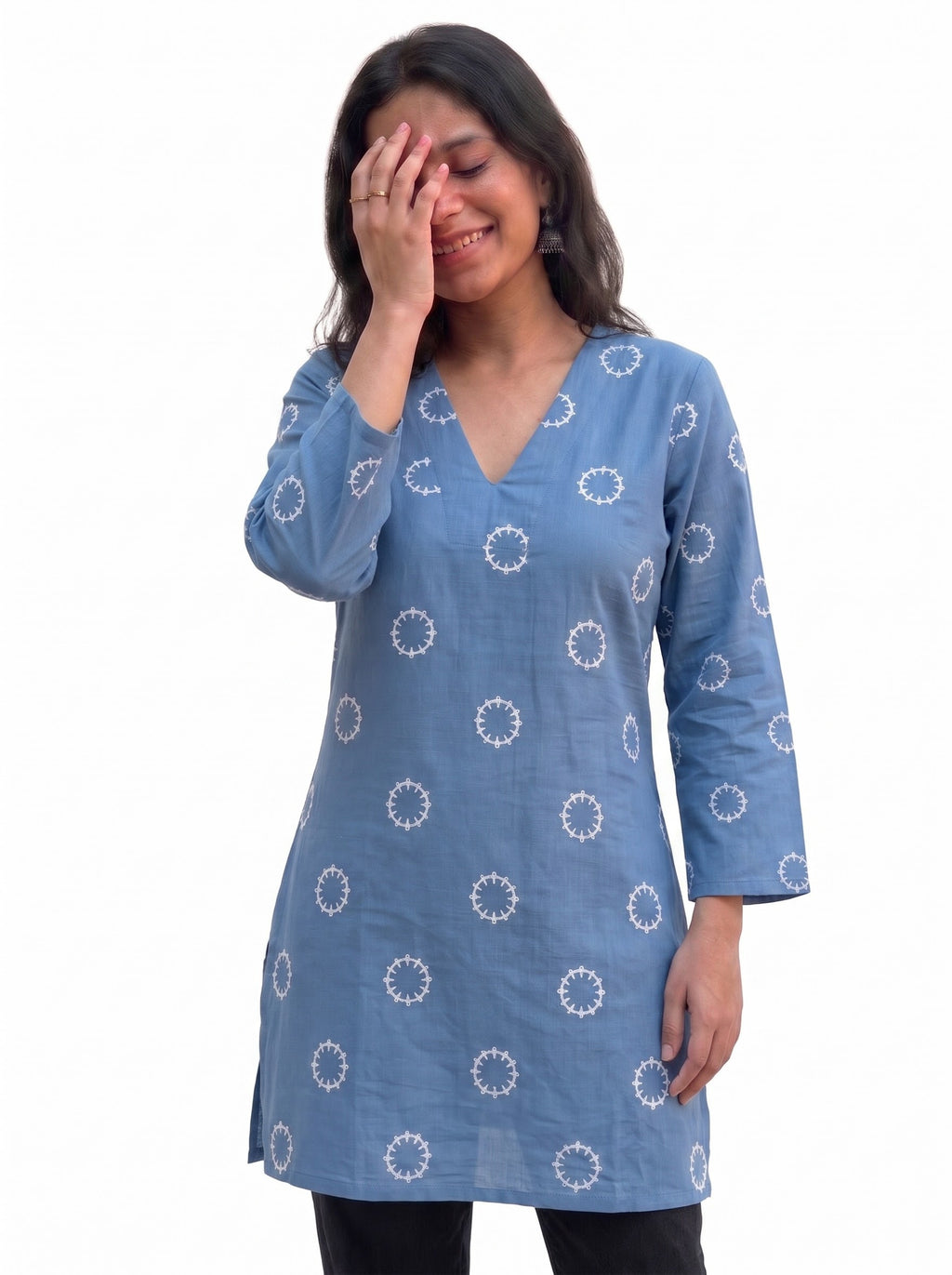 Powder Blue Print V-Neck Side-Slit Short Kurti Top
