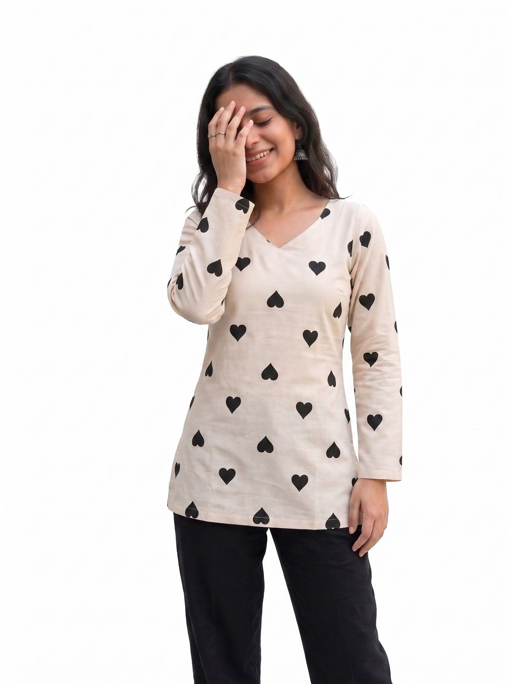 Cream & Black Heart Printed Long Sleeve Short Kurta | Indo-Western Fusion Tunic