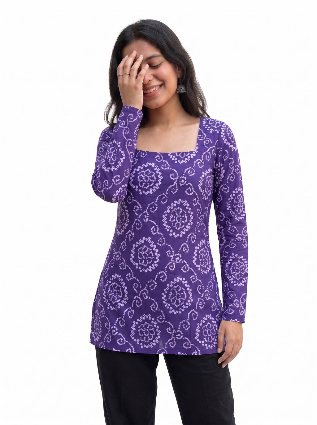 Purple Bandhani Print Cotton Short Kurti with Square Neck & Full Sleeves
