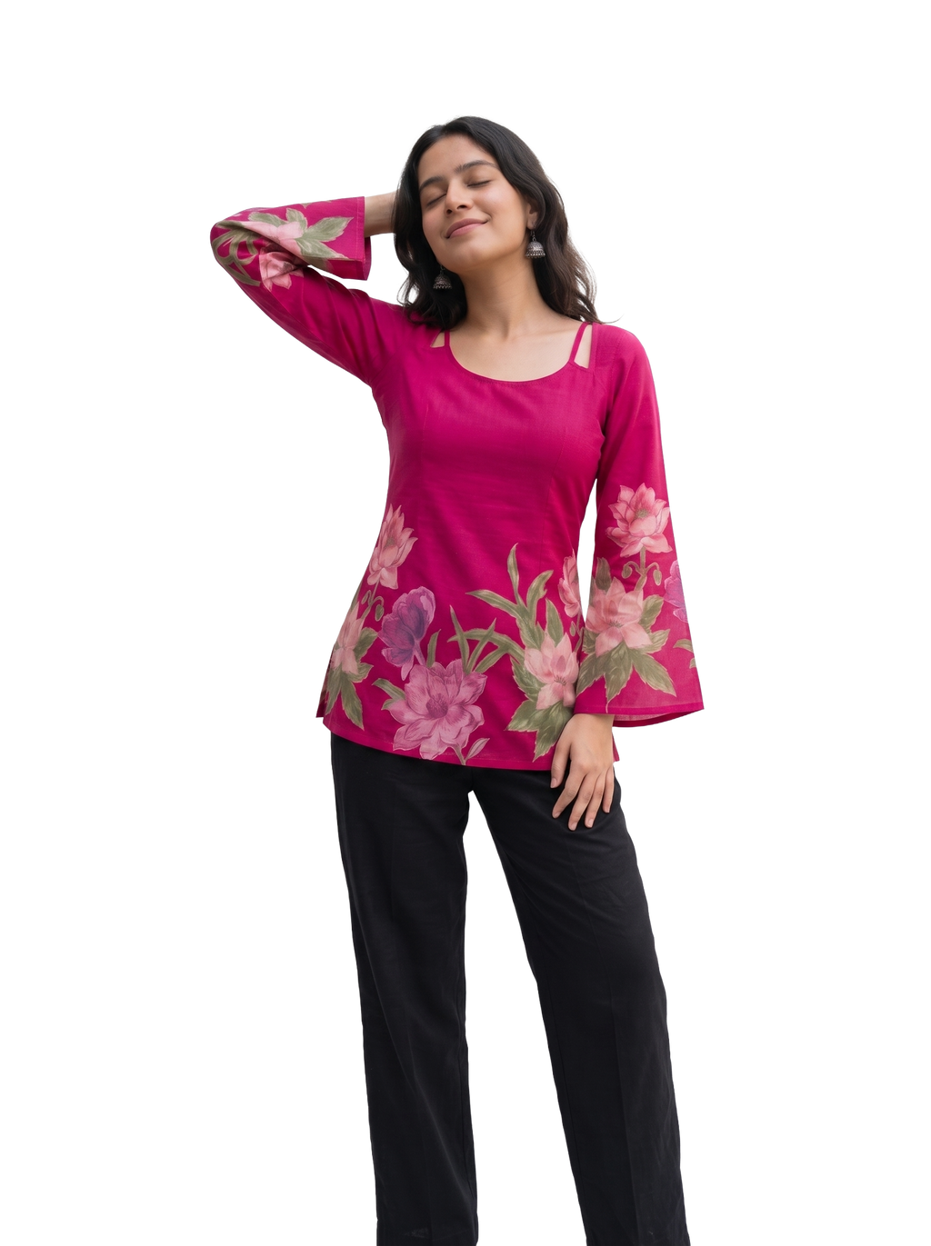 Fuchsia Floral Bell Sleeve Blouse with Lace-Up Corset Back