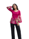 Fuchsia Floral Bell Sleeve Blouse with Lace-Up Corset Back