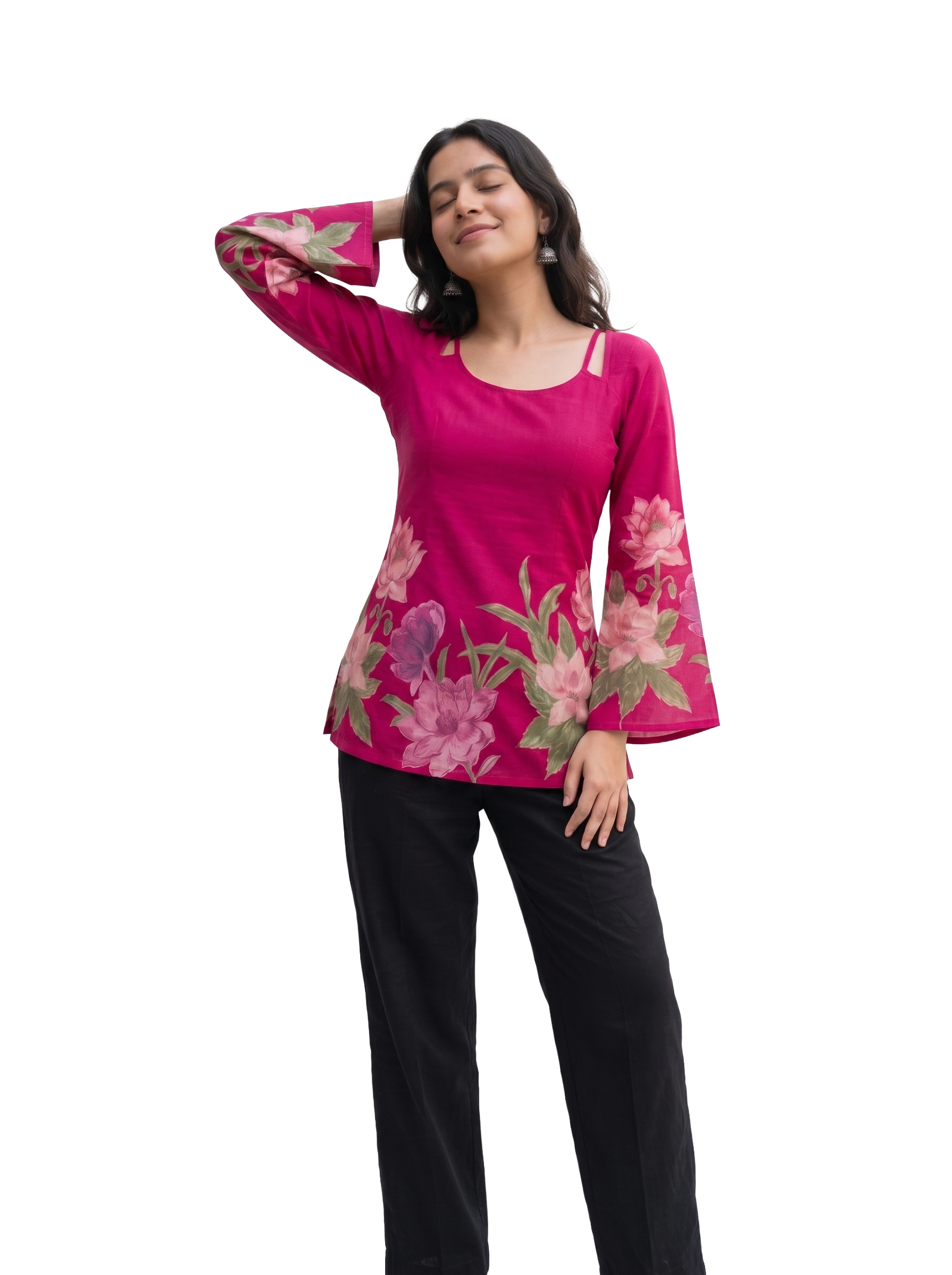 Fuchsia Floral Bell Sleeve Blouse with Lace-Up Corset Back