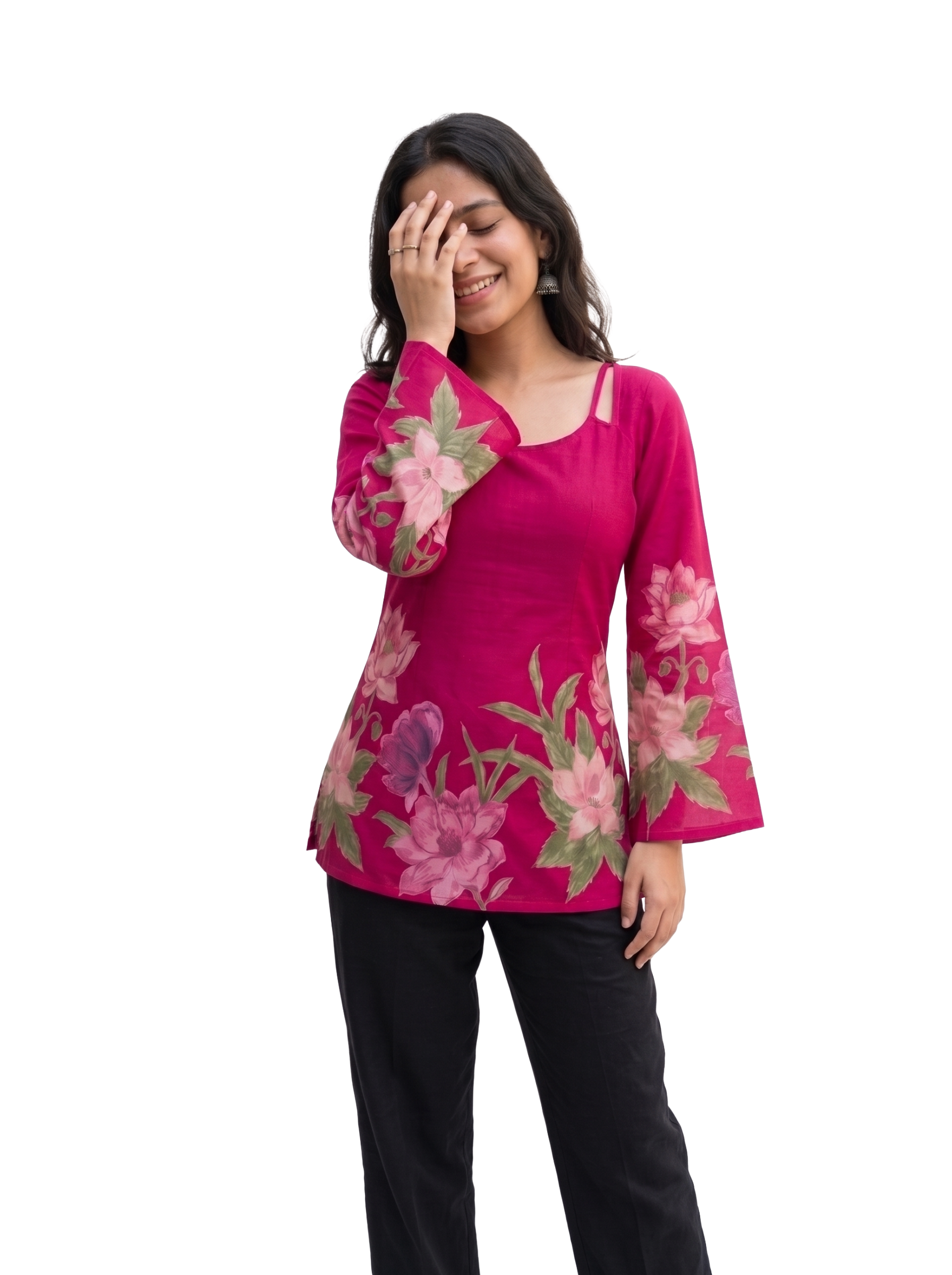 Fuchsia Floral Bell Sleeve Blouse with Lace-Up Corset Back
