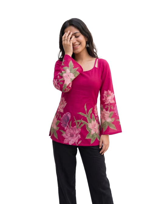 Fuchsia Floral Bell Sleeve Blouse with Lace-Up Corset Back