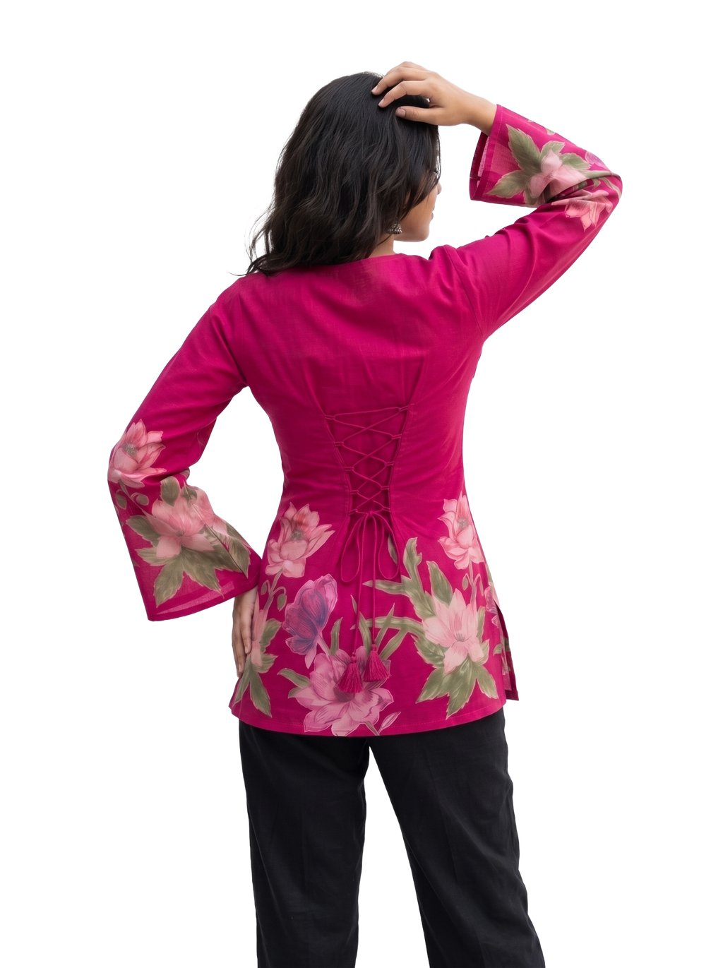 Fuchsia Floral Bell Sleeve Blouse with Lace-Up Corset Back