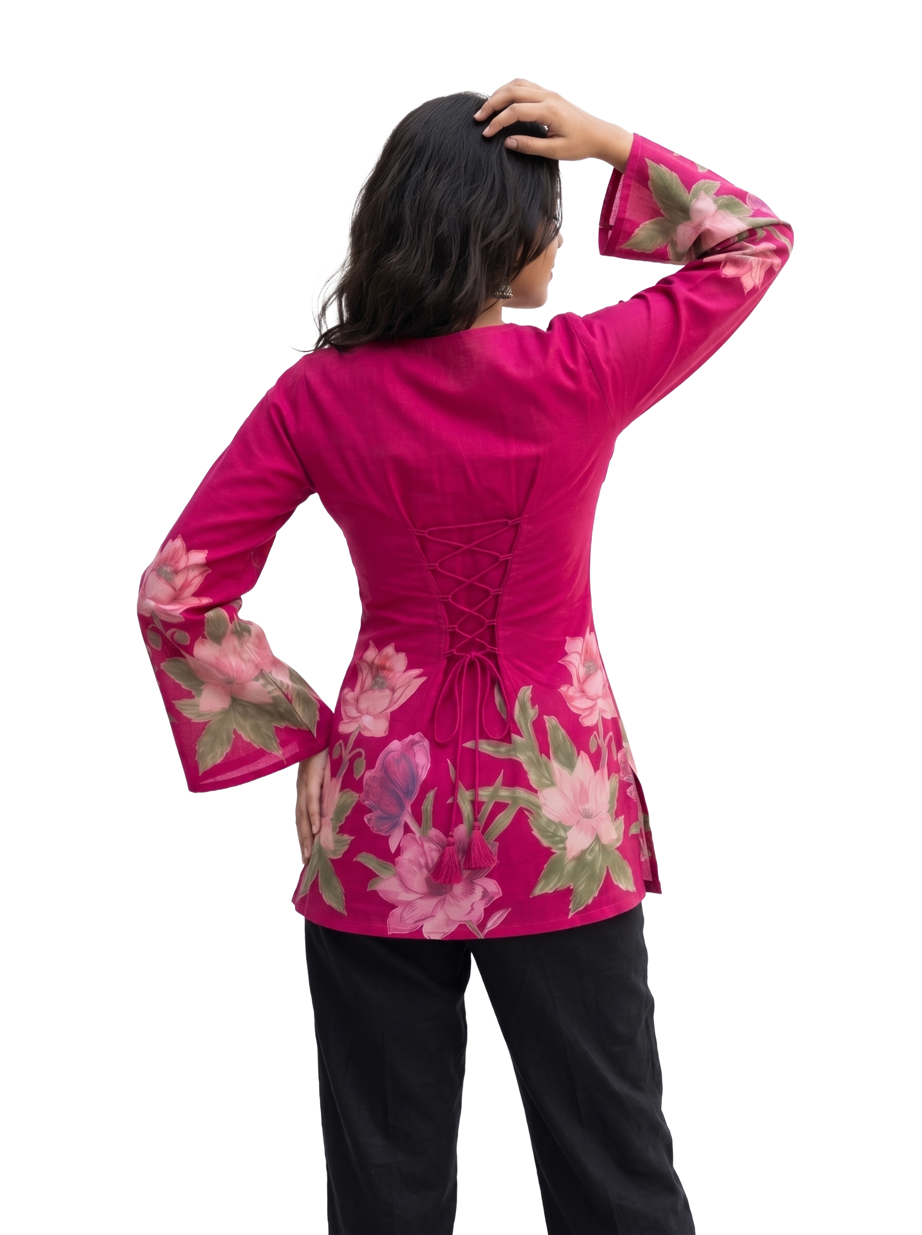 Fuchsia Floral Bell Sleeve Blouse with Lace-Up Corset Back