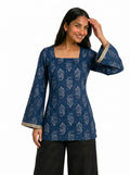 Indigo Blue Block Print Short Kurti with Corset Back Tie & Flared Sleeves