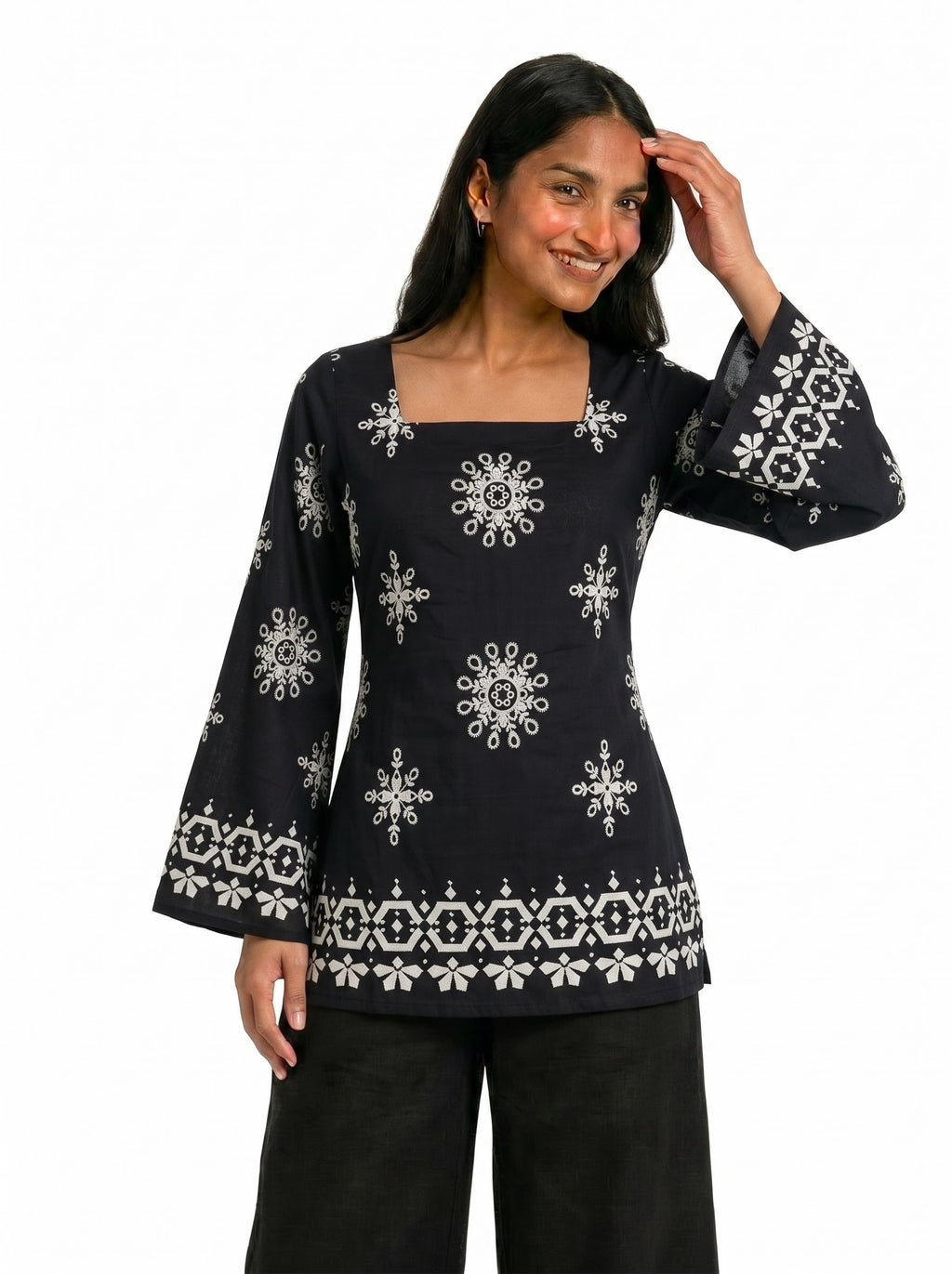 Women's Black & White Mandala Print Short Kurti Top