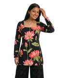 Midnight Black Lotus Print Short Kurti – Indo-Western Square Neck Cotton Tunic Top
