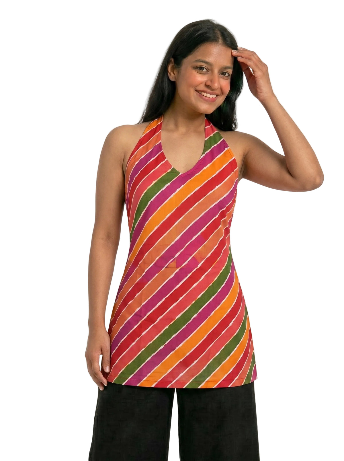 V-Neck Halter Backless Leheriya Short Kurti Top for Women – Indo-Western Ethnic Sleeveless Top
