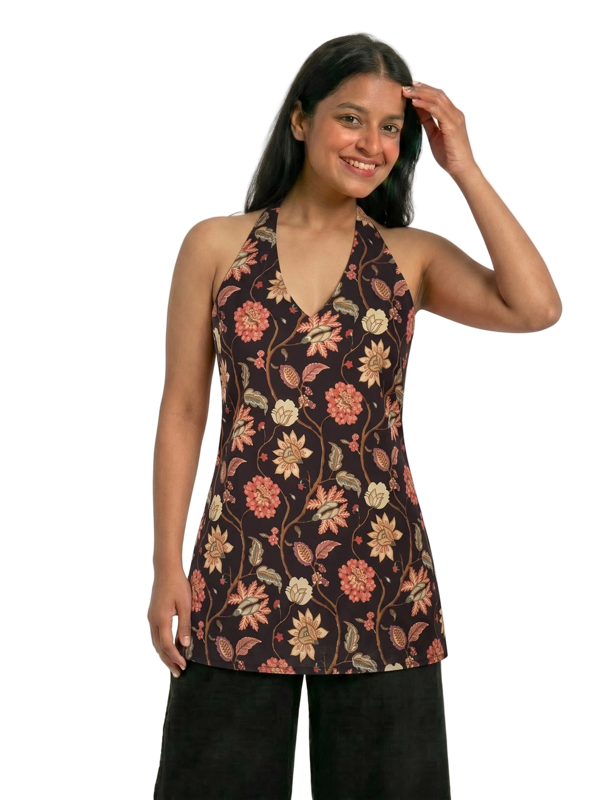 Black Floral Kalamkari Printed Halter Neck Short Kurti Top – Sleeveless Backless Indo-Western Top for Women
