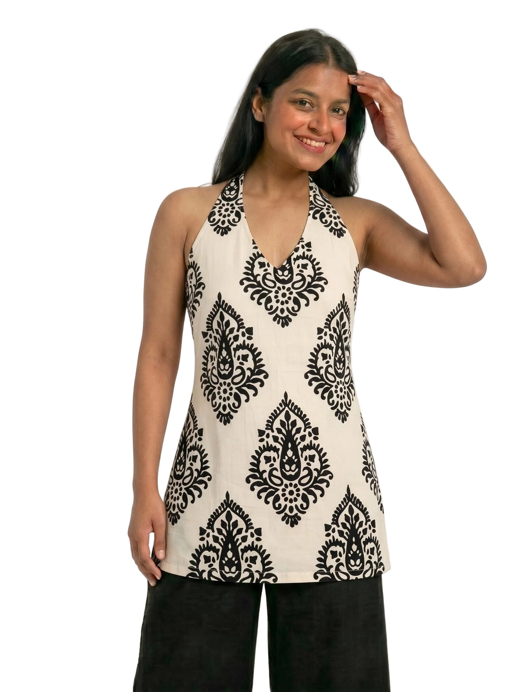 Boho Black Paisley Printed Halter Top – Beige Ethnic Fusion Short Kurti