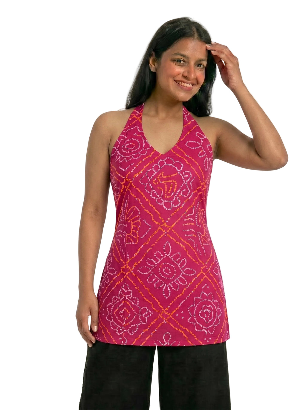 Fuchsia Pink Bandhani Tie-Up Halter Top – Boho Ethnic Fusion Short Kurti