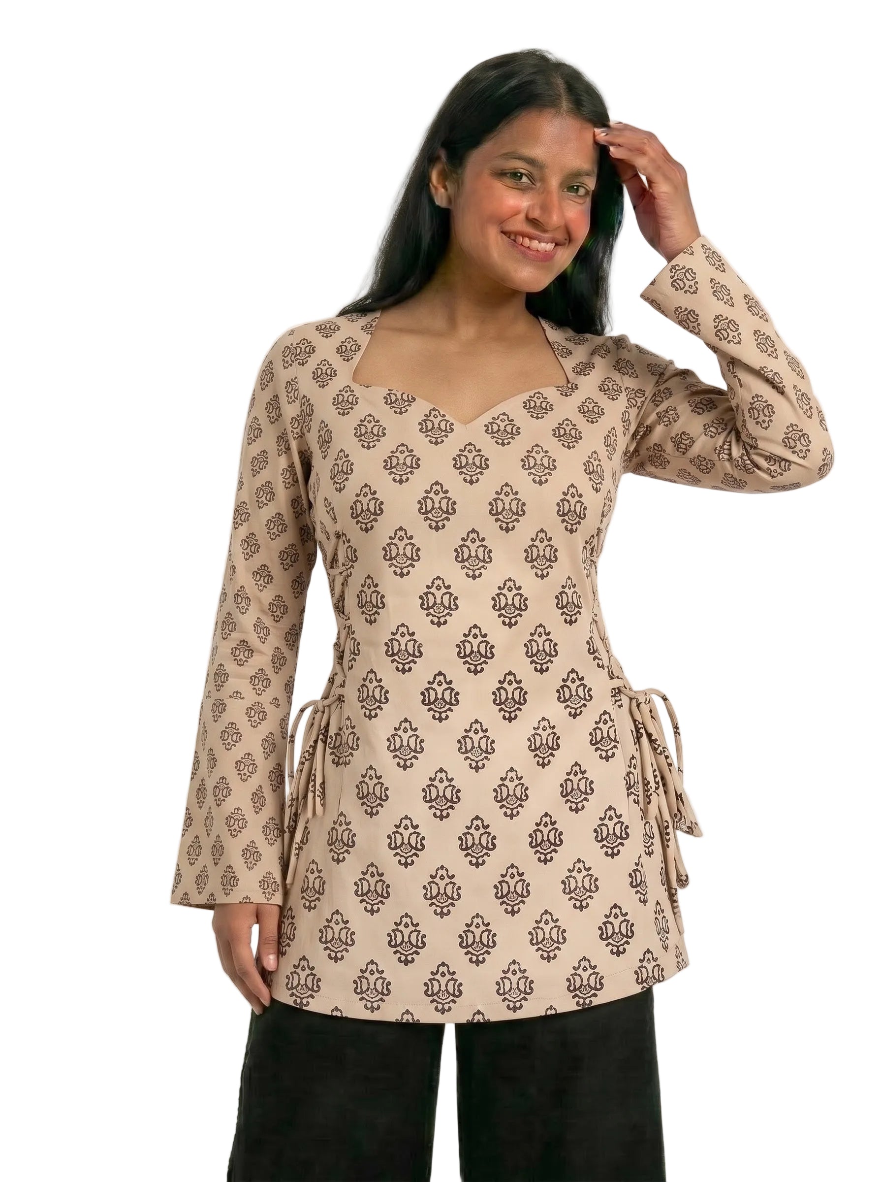 Women's Printed Sweetheart Neck Short Kurti with Side Corset Dori Details