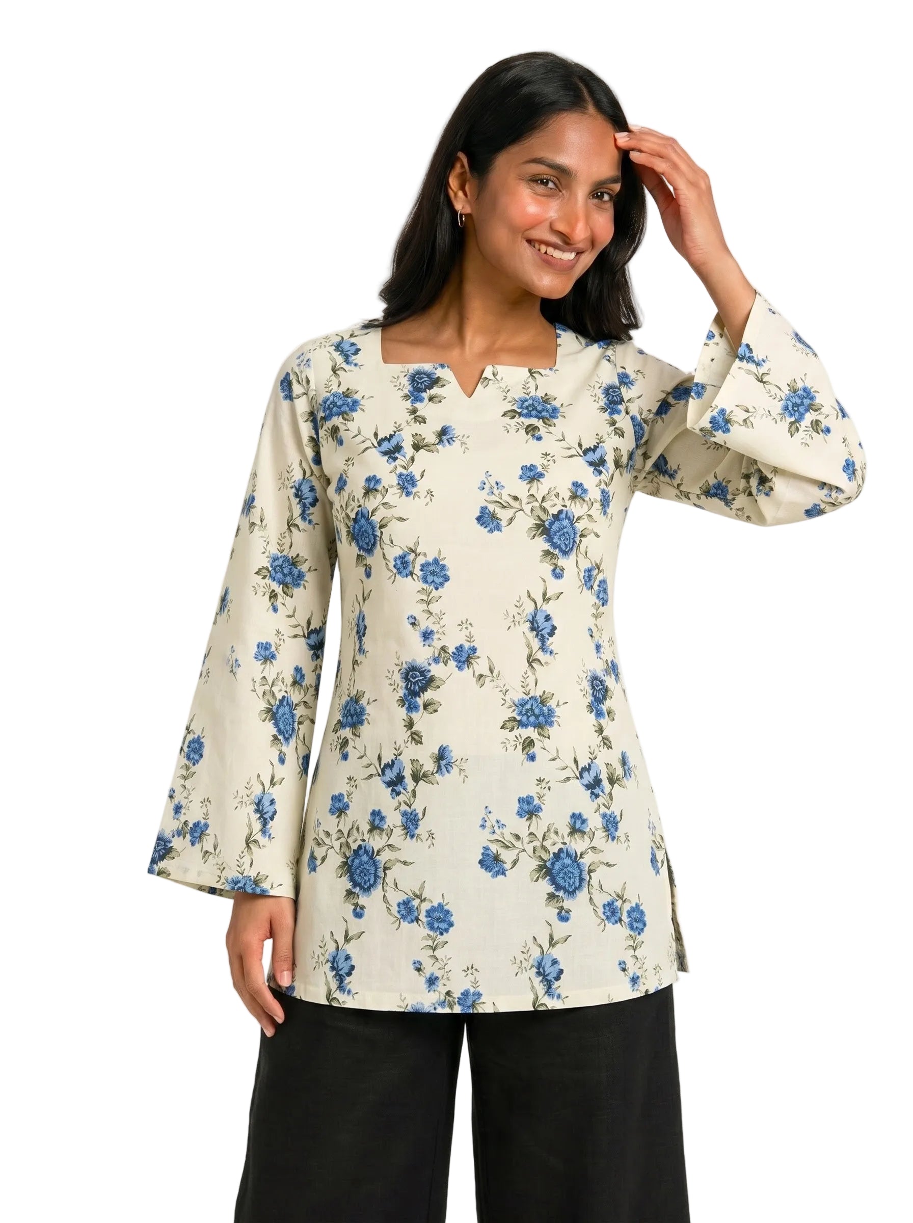 Vintage Blue Floral Print Corset-Style Short Kurta | Indo-Western Top