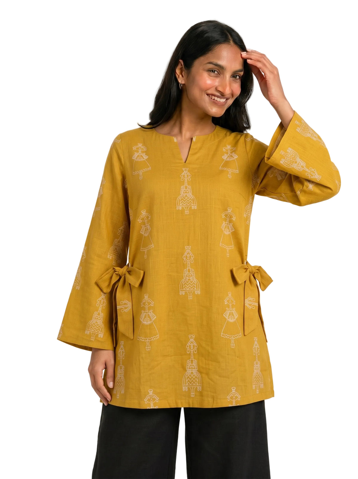Mustard Yellow Printed Cotton Short Kurti with Bell Sleeves & Side Bow Ties