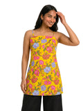 Yellow Floral Spaghetti Strap,padded Short Kurti with Lace-Up Criss-Cross Back