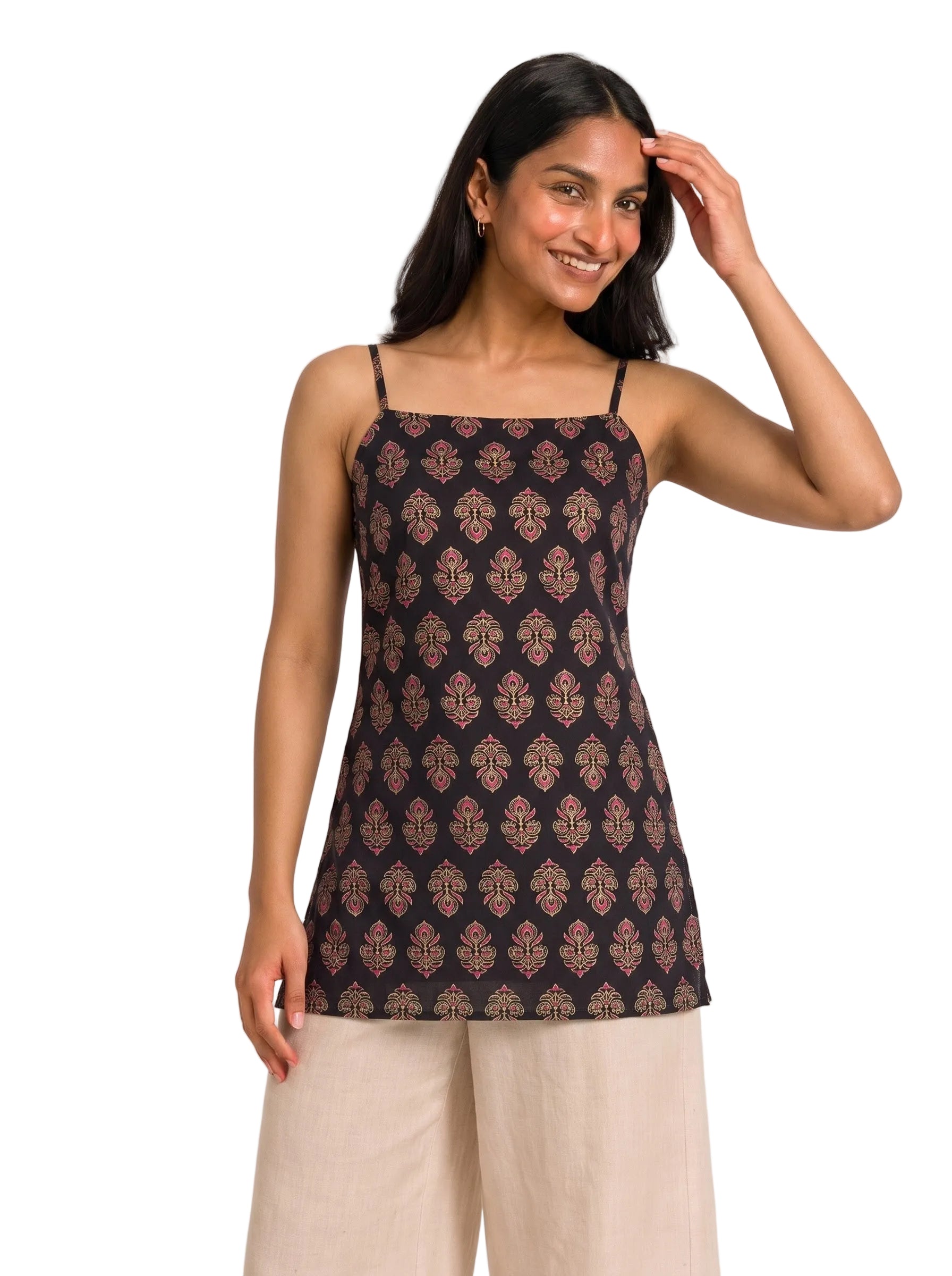 Black Block Printed Spaghetti Strap Short Kurti with Lace-Up Corset Back