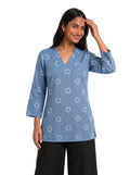 Powder Blue Print V-Neck Side-Slit Short Kurti Top