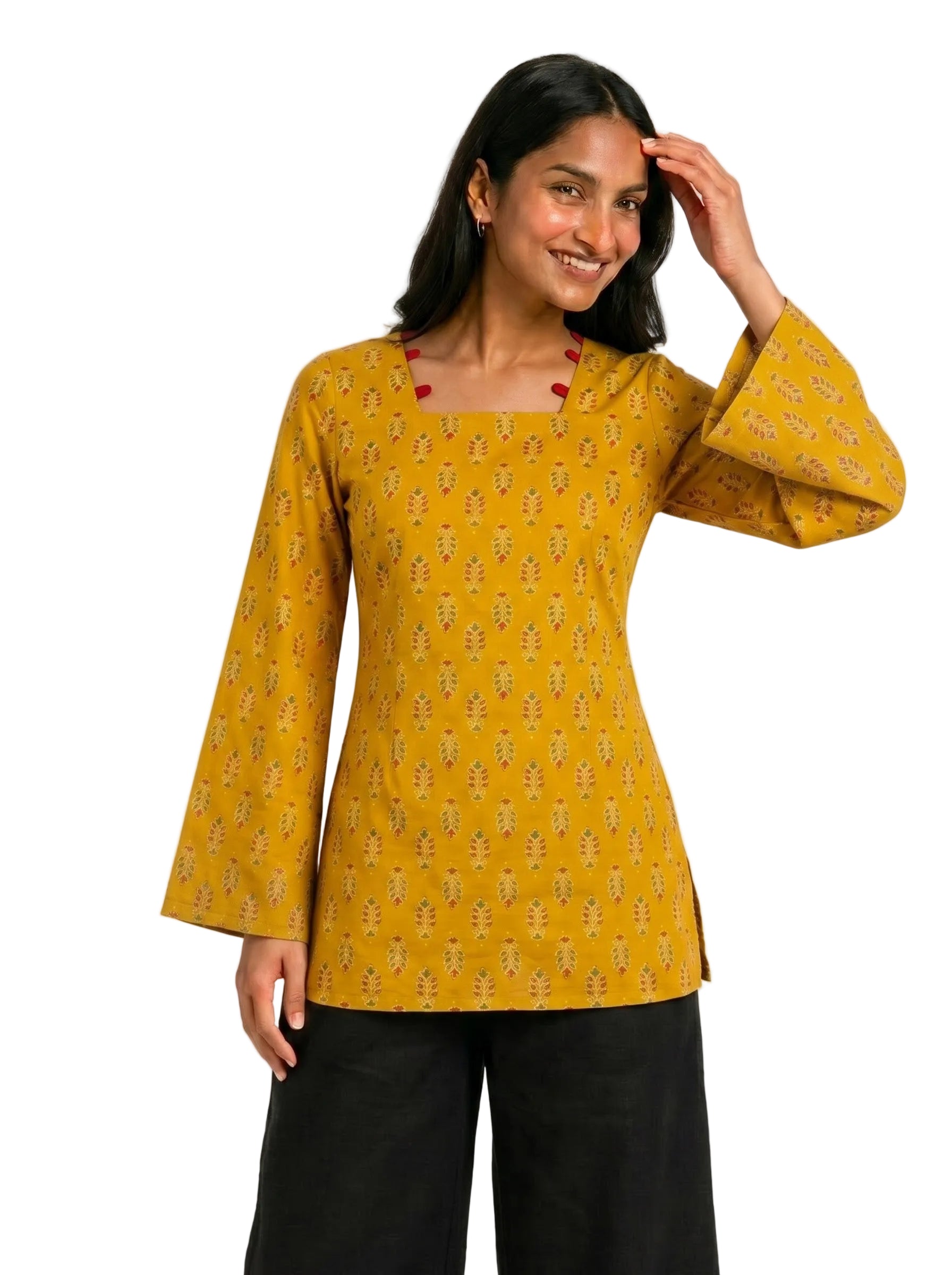 Mustard Yellow Printed Short Kurti with Corset Back Tie & Bell Sleeves