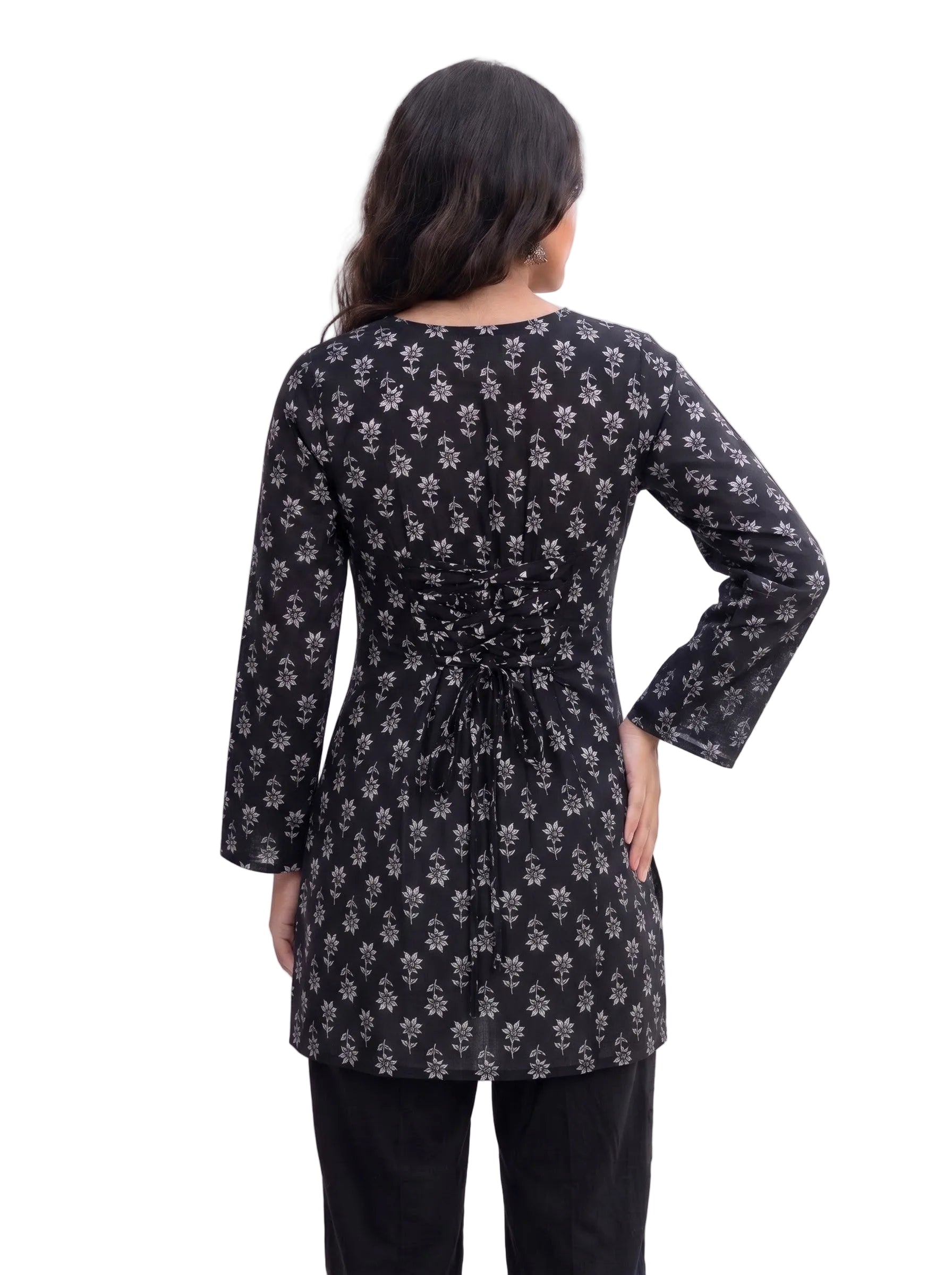 Black Floral Block Print Square Neck Tunic with Lace-Up Corset Back