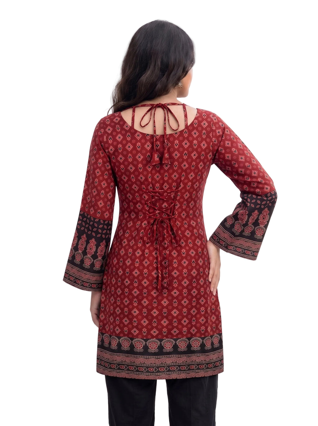 Pure Cotton Ajrakh Print Corset Back Kurti Top with Bell Sleeves
