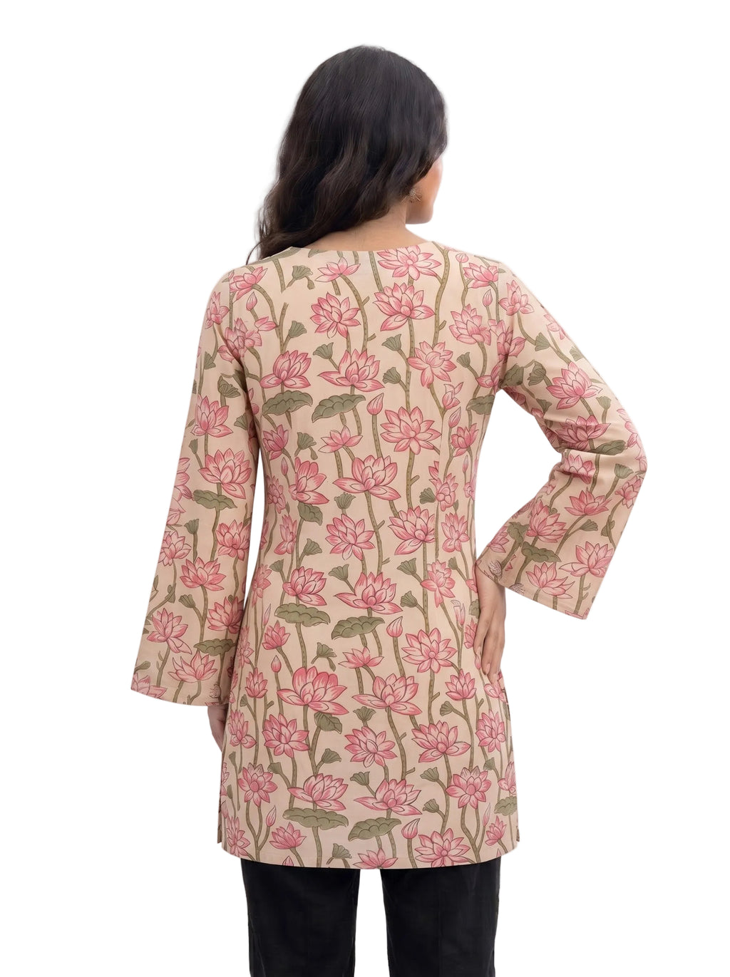 Cream & Pink Lotus Block Print Cotton Short Kurti with Square Neck & Flared Sleeves