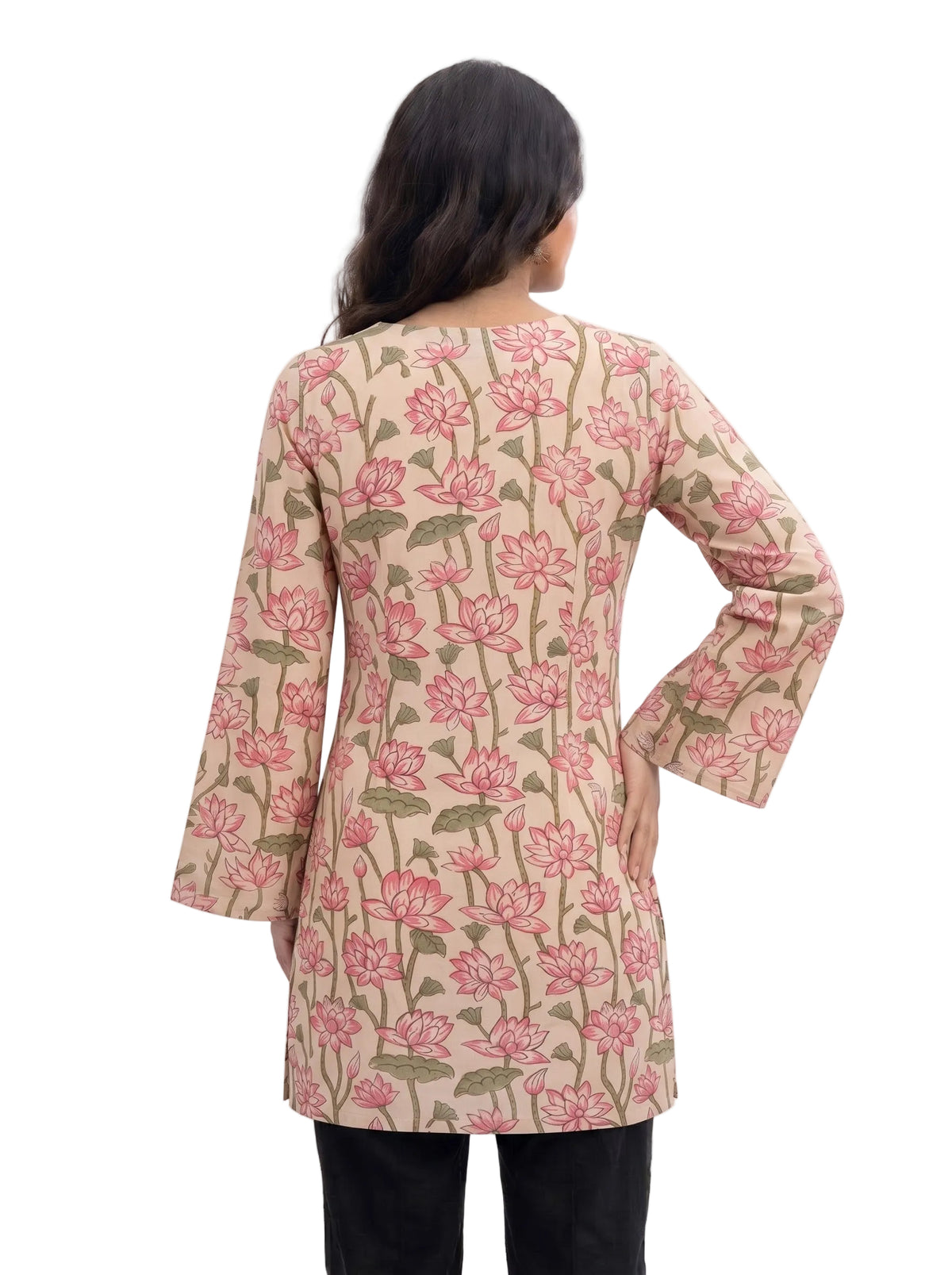 Cream & Pink Lotus Block Print Cotton Short Kurti with Square Neck & Flared Sleeves